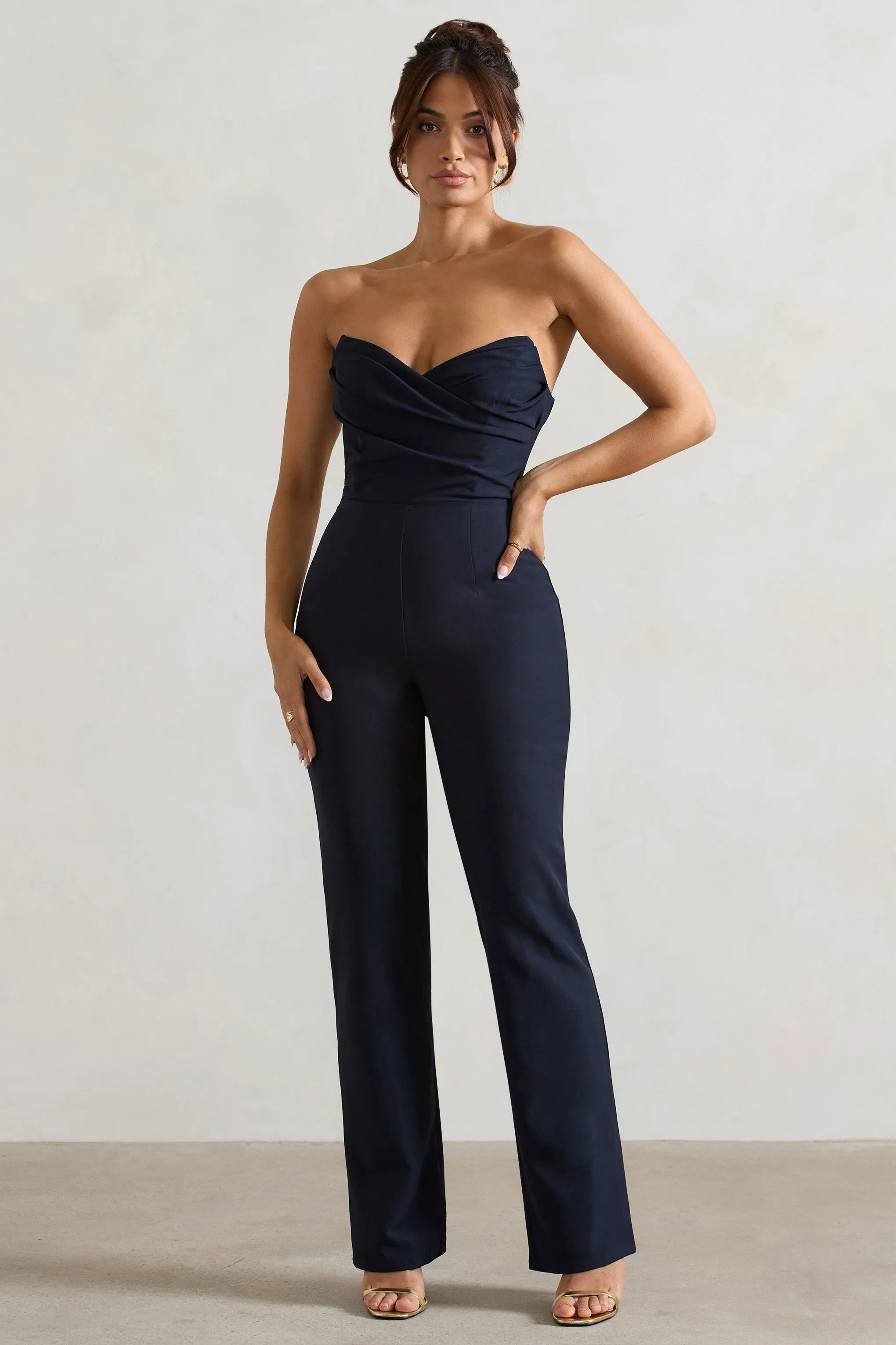 Bellezza | Navy Bandeau Corset Wide Leg Jumpsuit Club L London