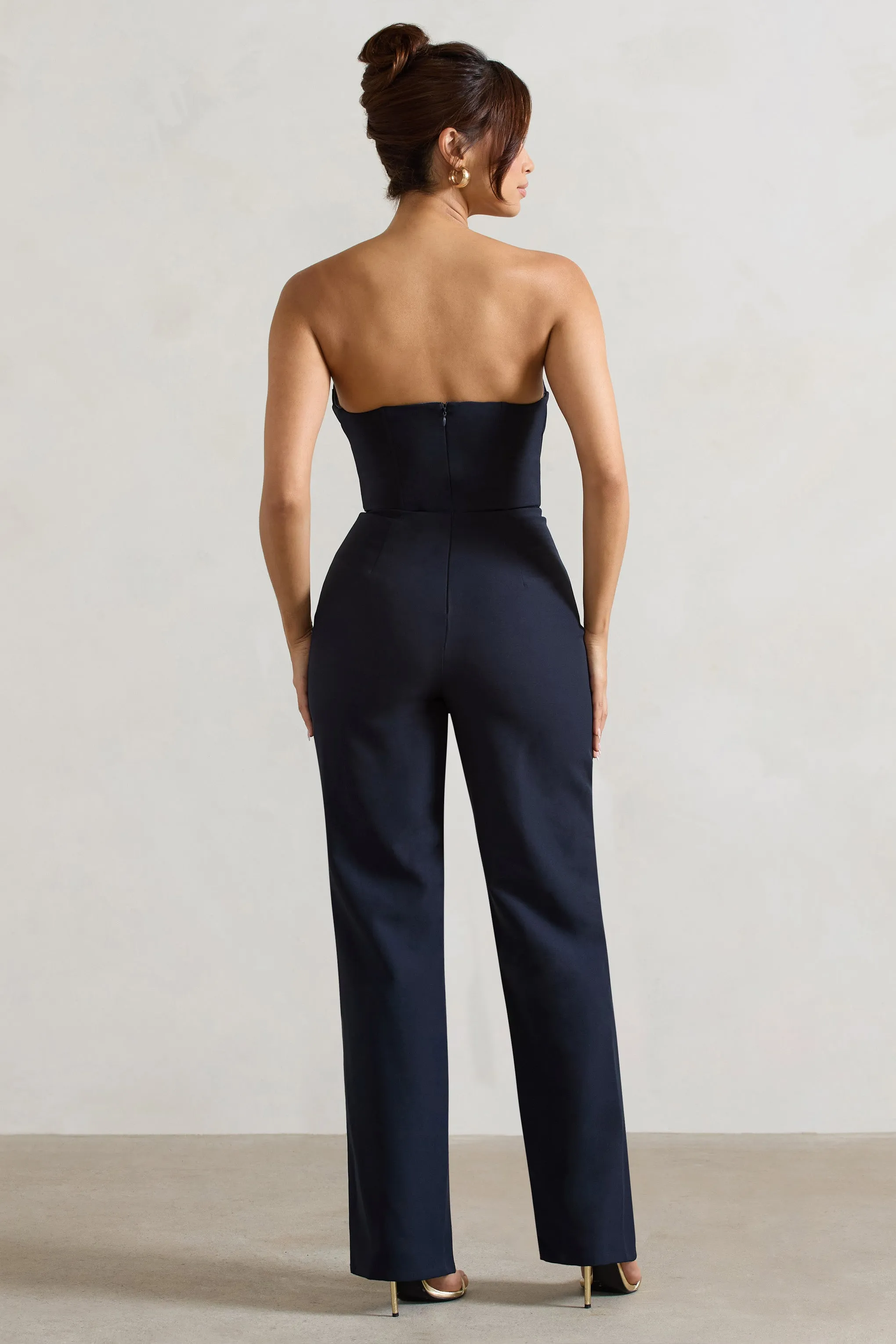 Bellezza | Navy Bandeau Corset Wide Leg Jumpsuit Club L London