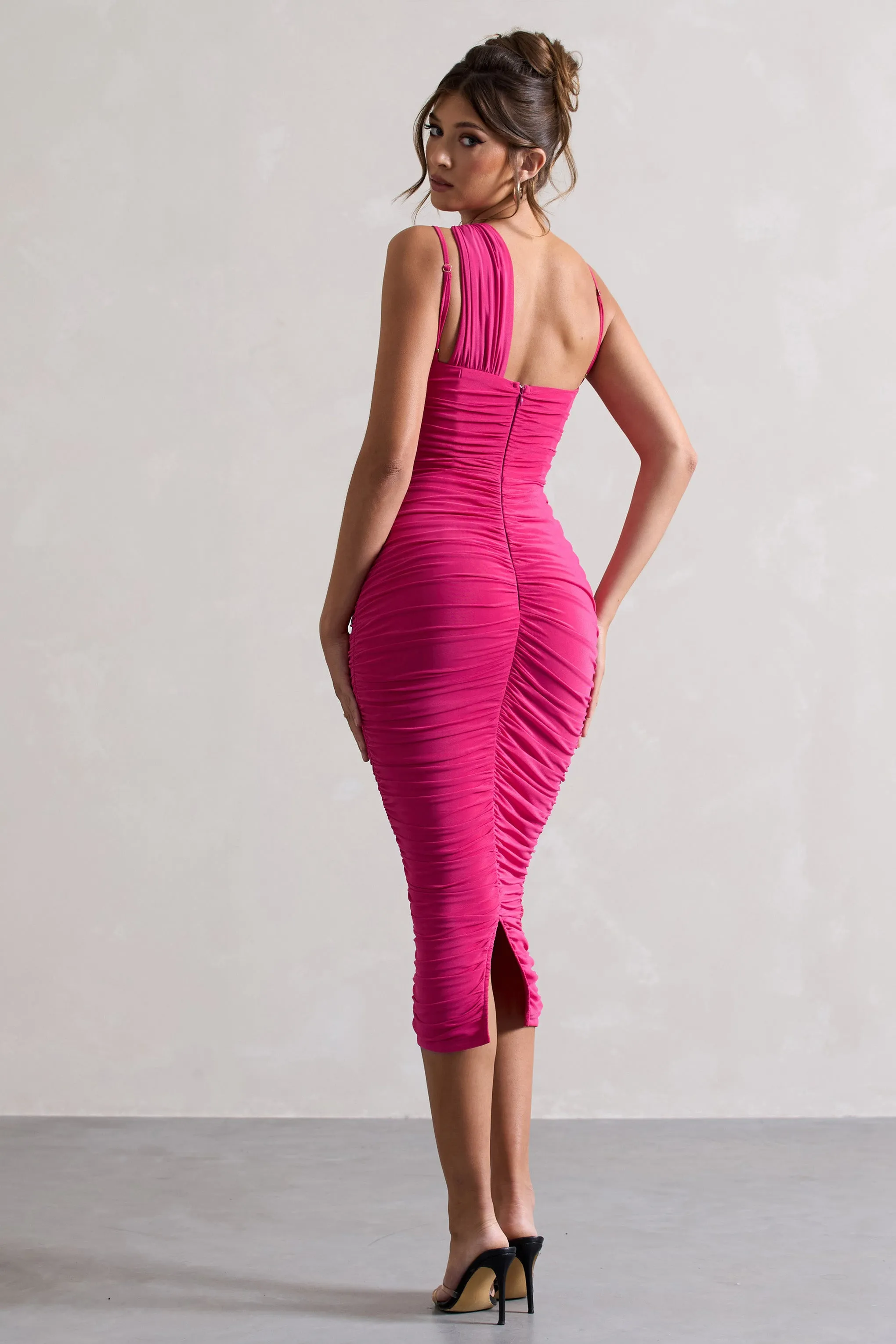 Bellini | Dark Pink Asymmetric Ruched Midi Dress Club L London