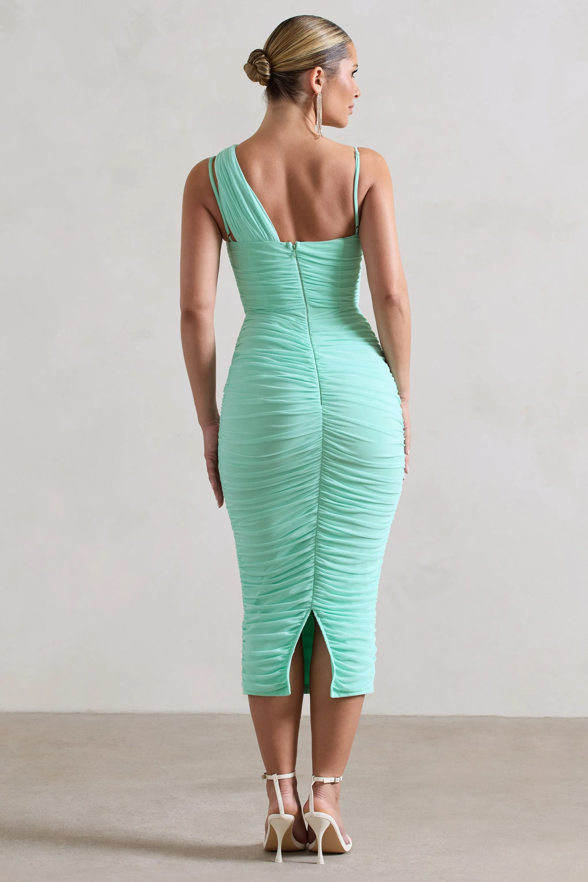 Bellini | Mint Asymmetric Ruched Midi Dress Club L London