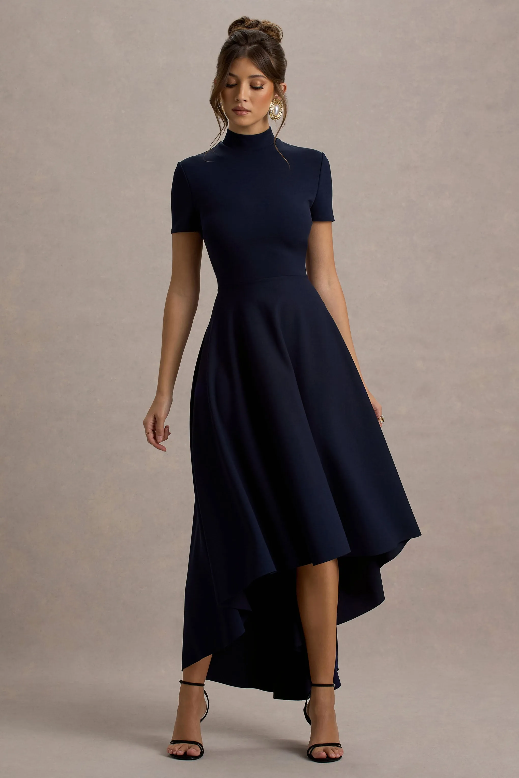 Bellona | Navy High-Neck High-Low Midi Dress Club L London