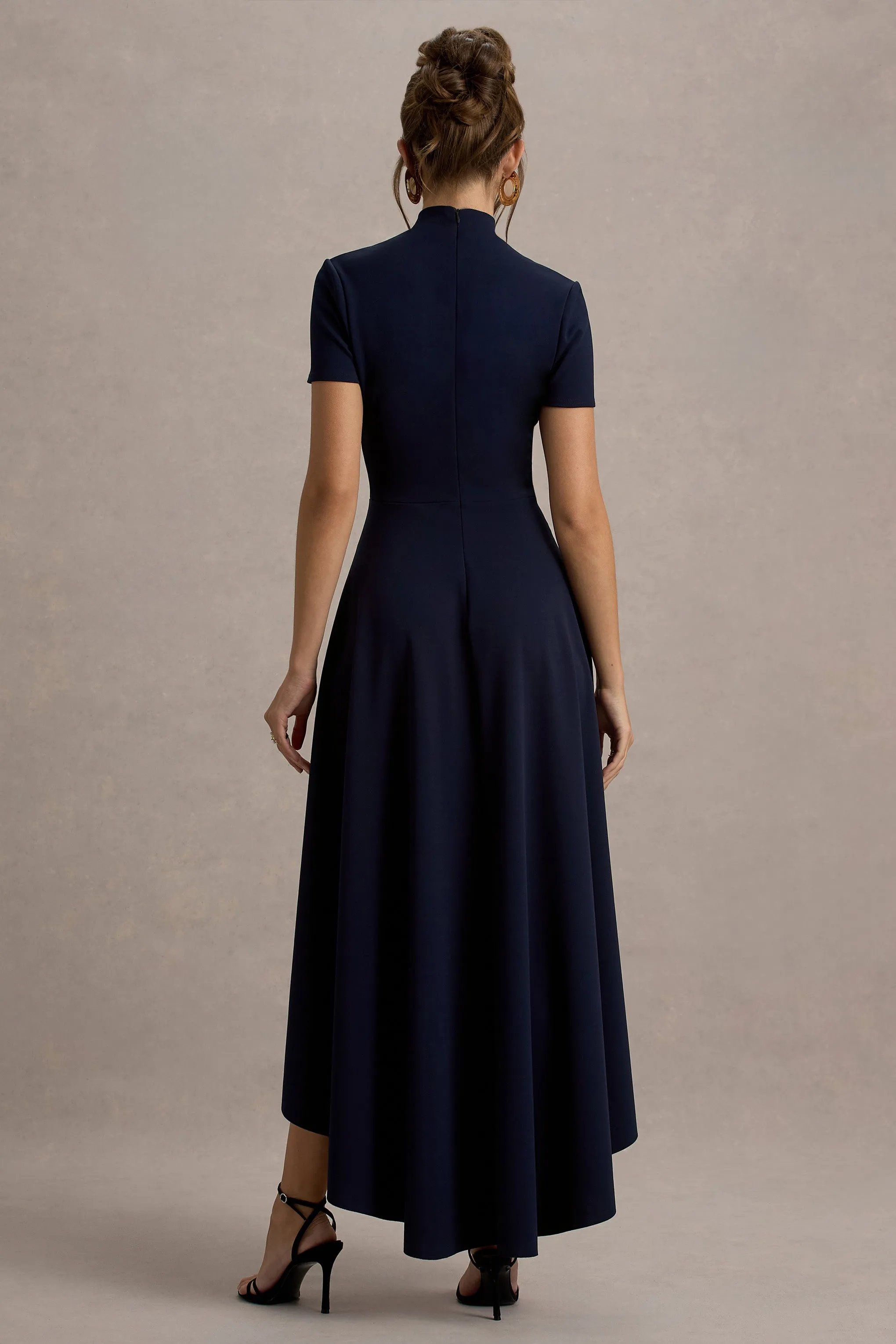 Bellona | Navy High-Neck High-Low Midi Dress Club L London