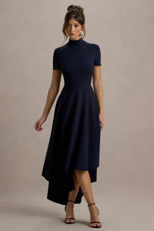 Bellona | Navy High-Neck High-Low Midi Dress Club L London