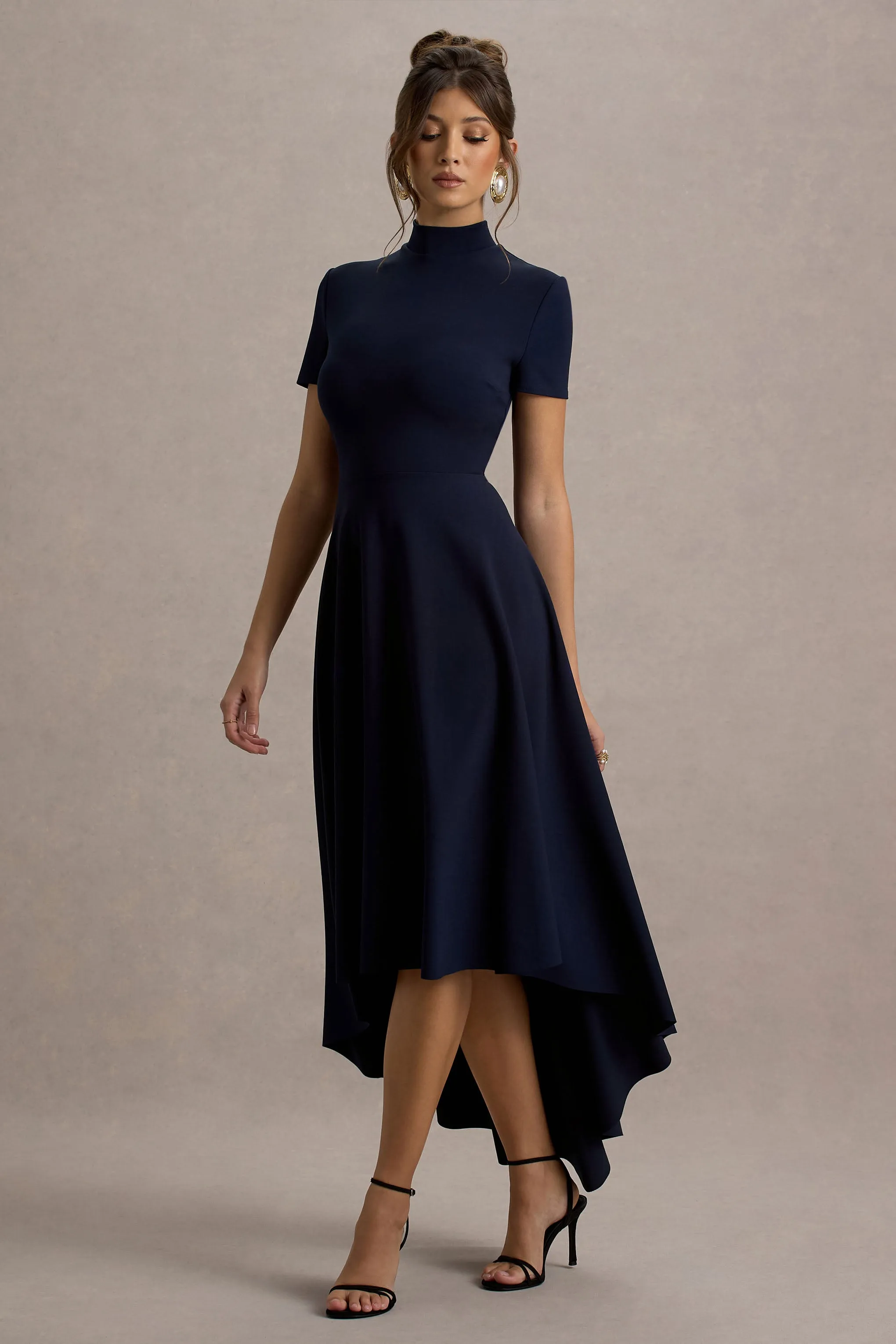 Bellona | Navy High-Neck High-Low Midi Dress Club L London