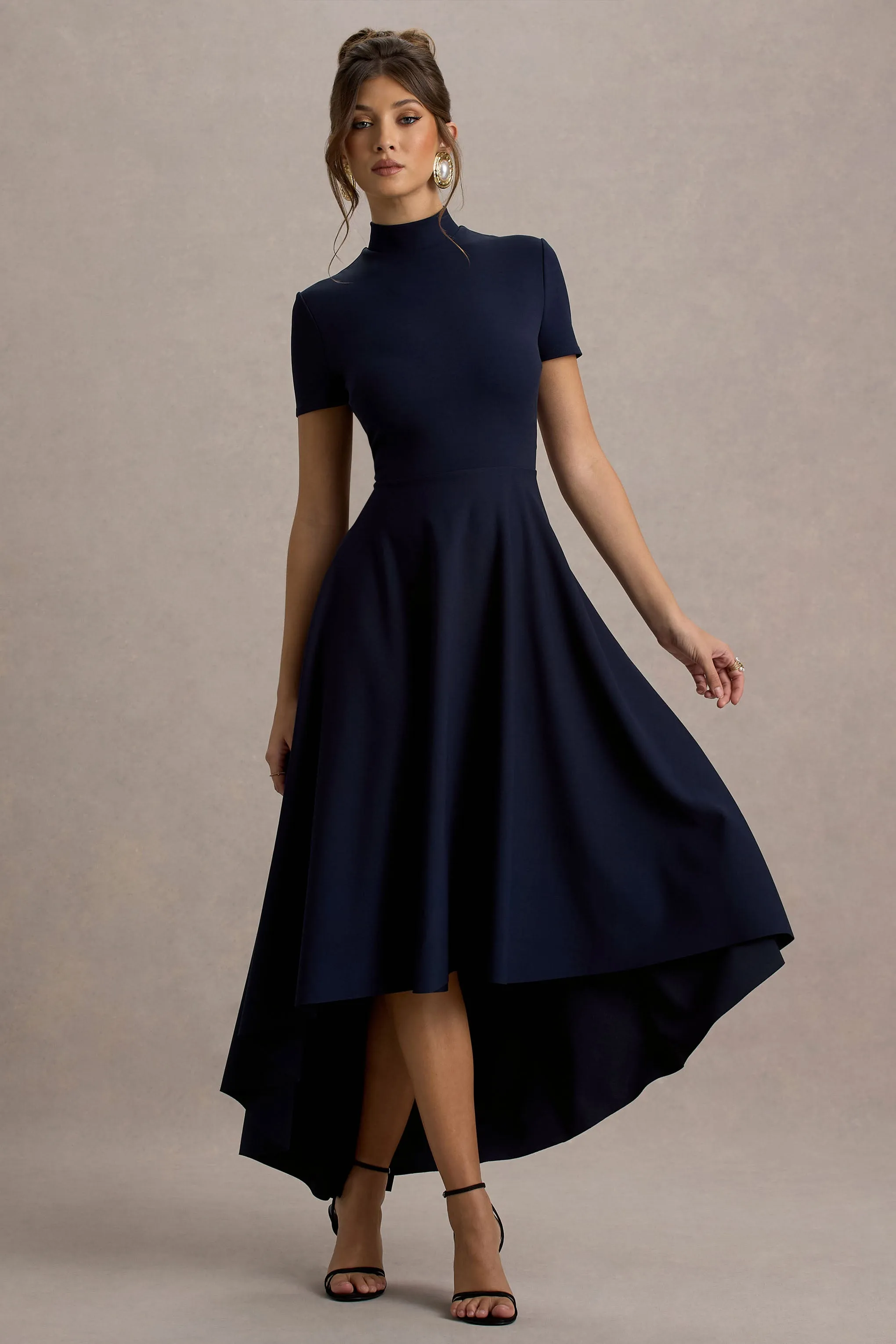 Bellona | Navy High-Neck High-Low Midi Dress Club L London