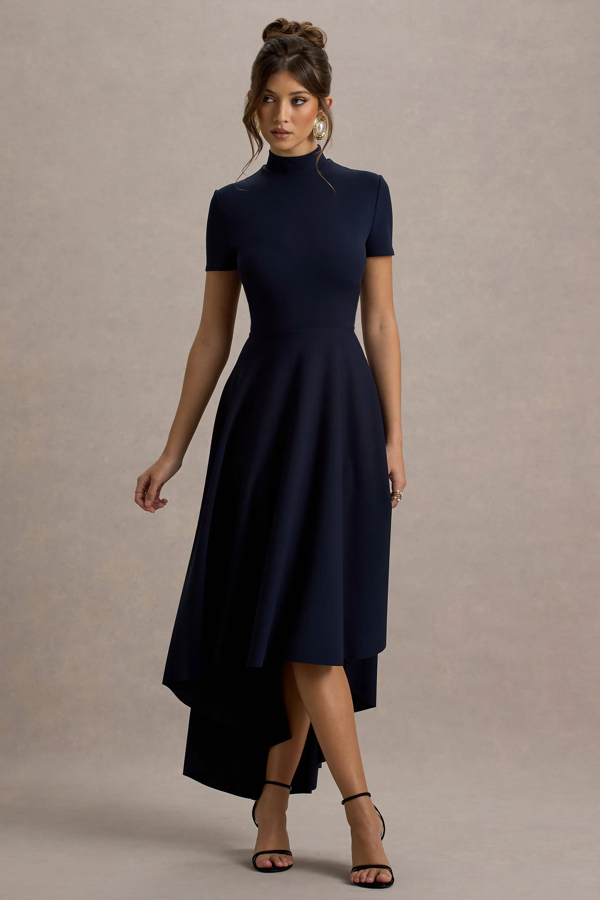 Bellona | Navy High-Neck High-Low Midi Dress Club L London