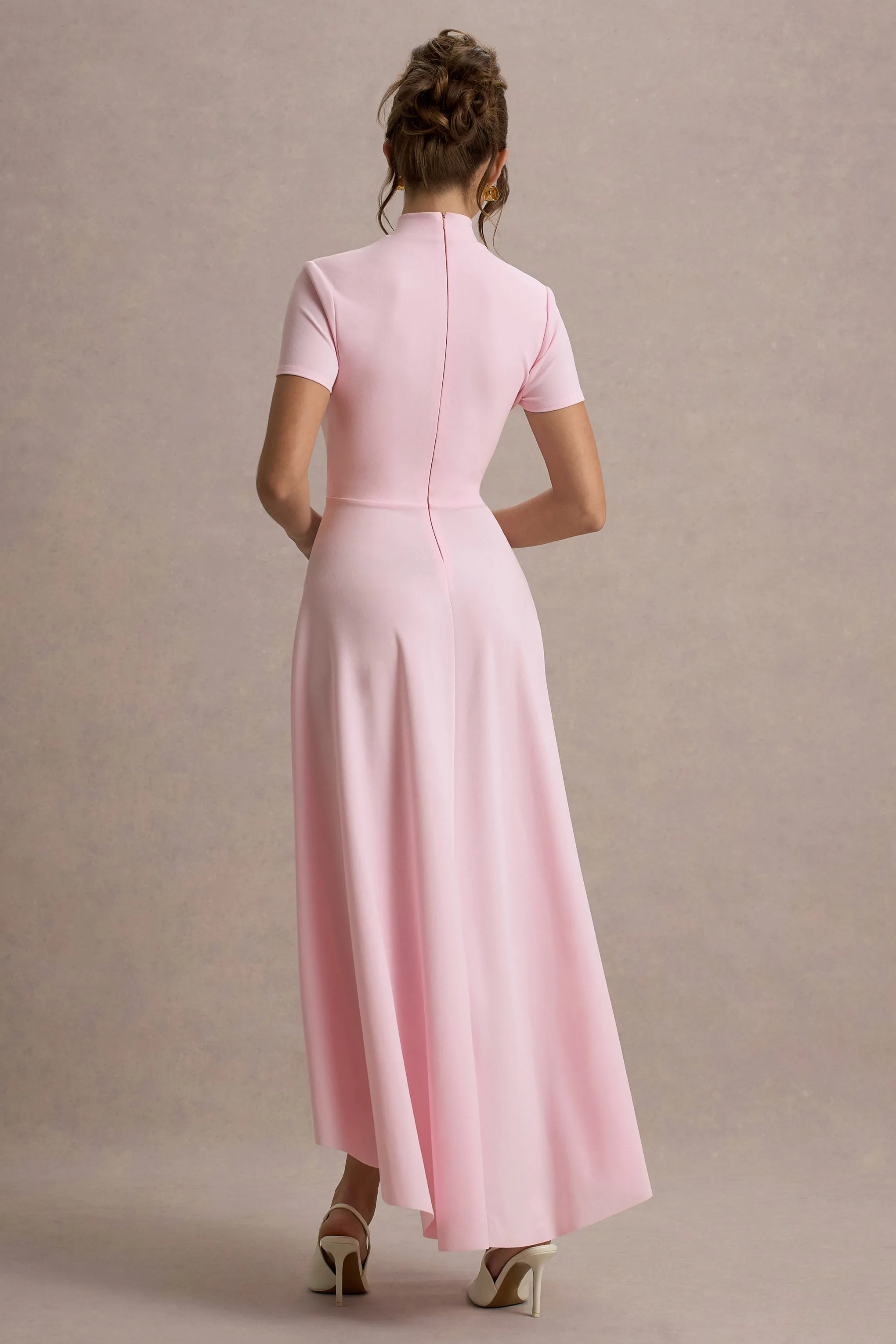 Bellona | Pink High-Neck High-Low Midi Dress Club L London
