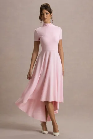 Bellona | Pink High-Neck High-Low Midi Dress Club L London