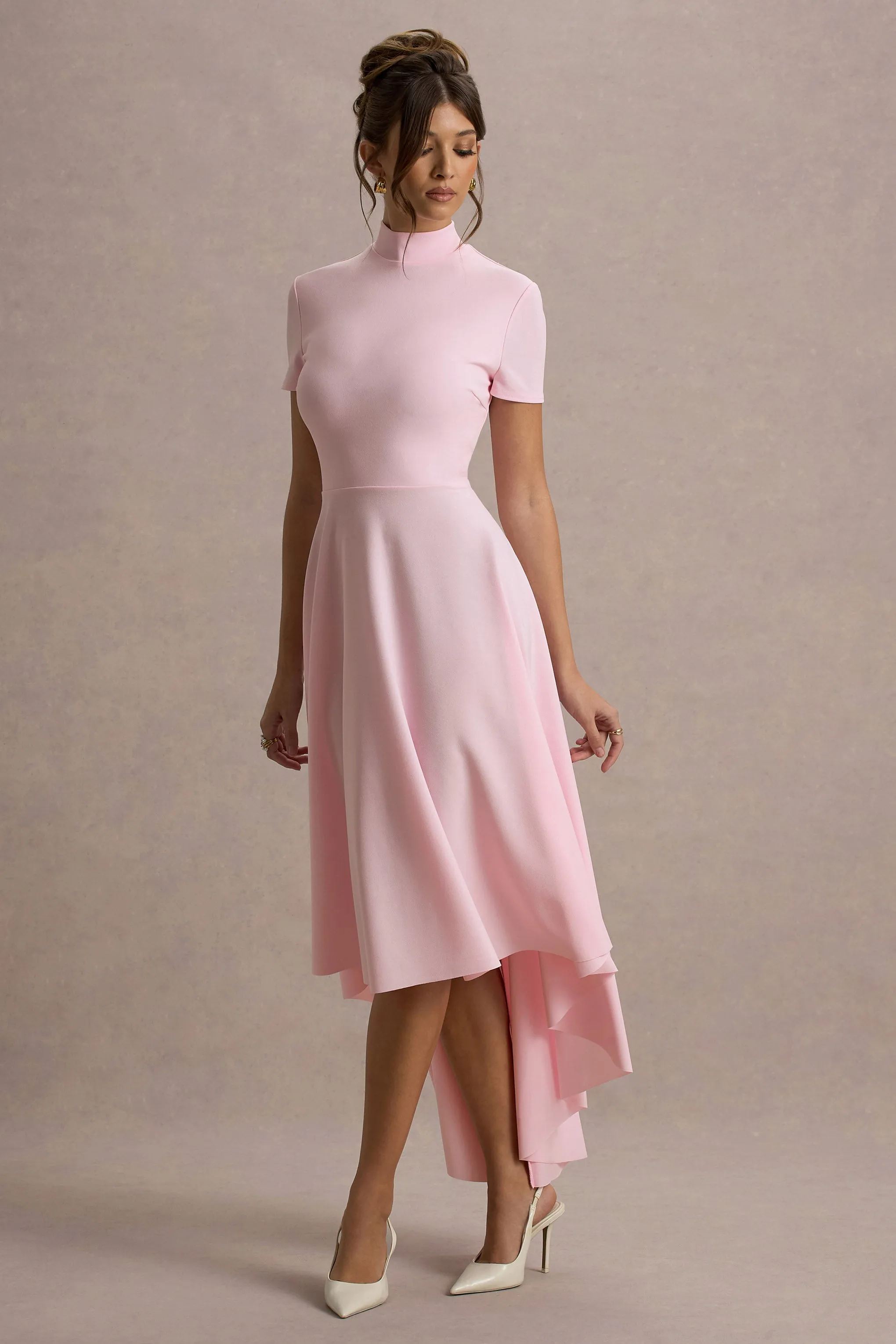 Bellona | Pink High-Neck High-Low Midi Dress Club L London