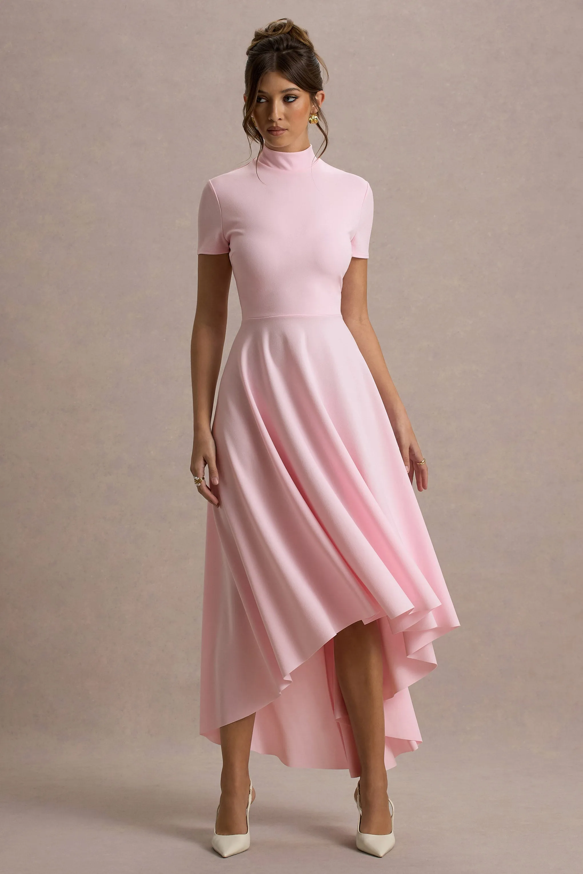 Bellona | Pink High-Neck High-Low Midi Dress Club L London