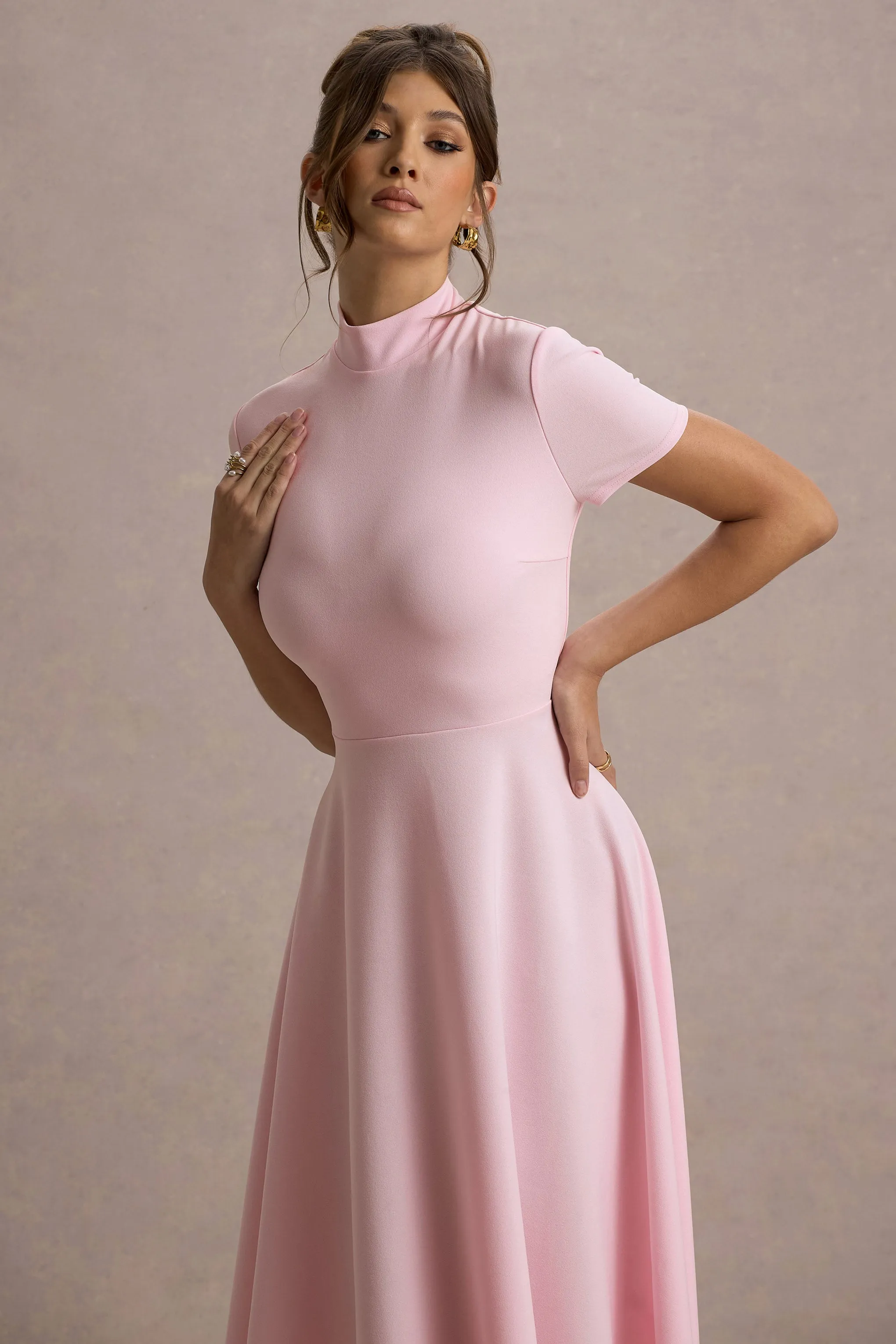 Bellona | Pink High-Neck High-Low Midi Dress Club L London