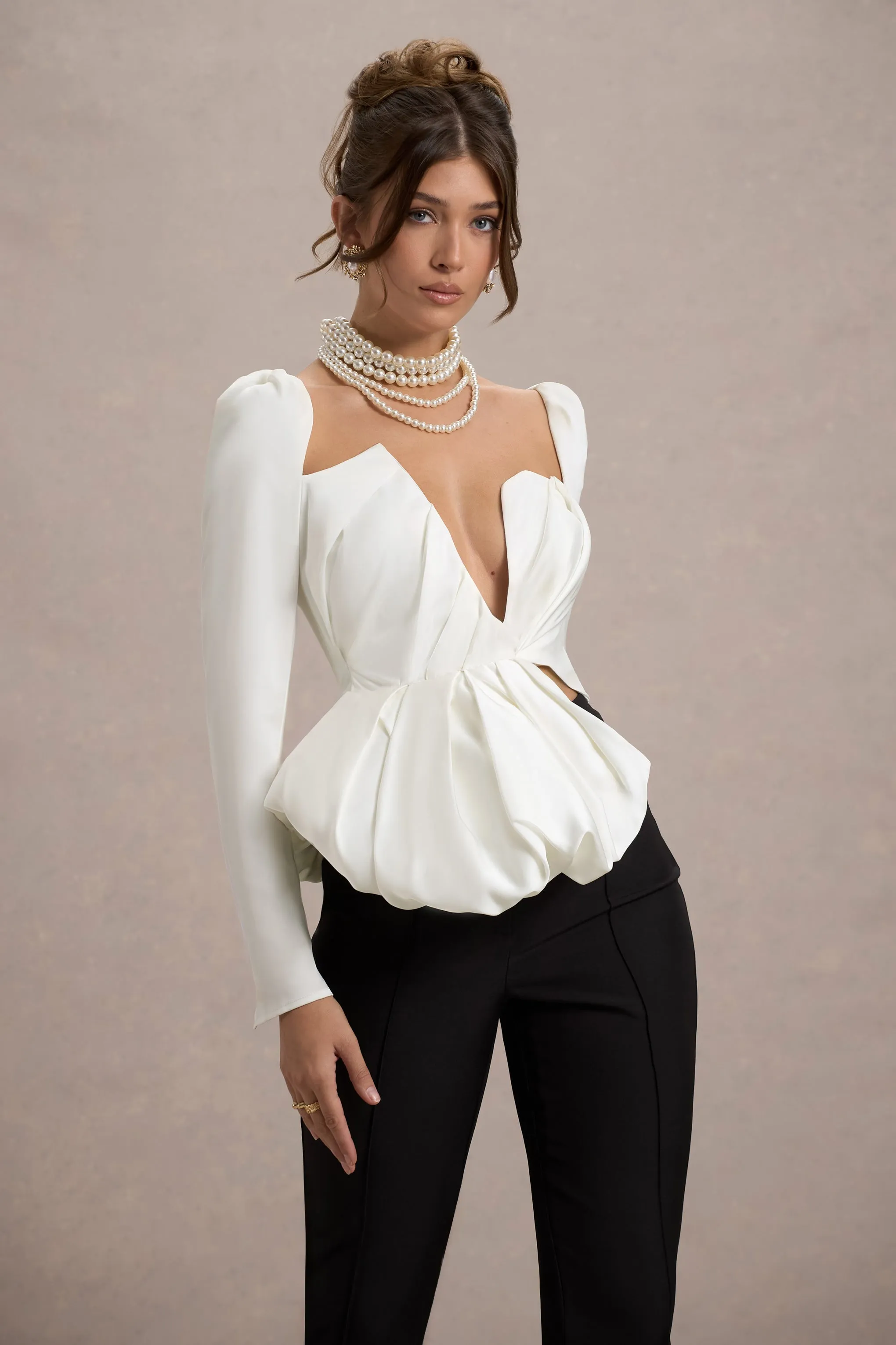 Bensley | Ecru Satin Asymmetric Plunge-Neck Top With Ruffle Club L London