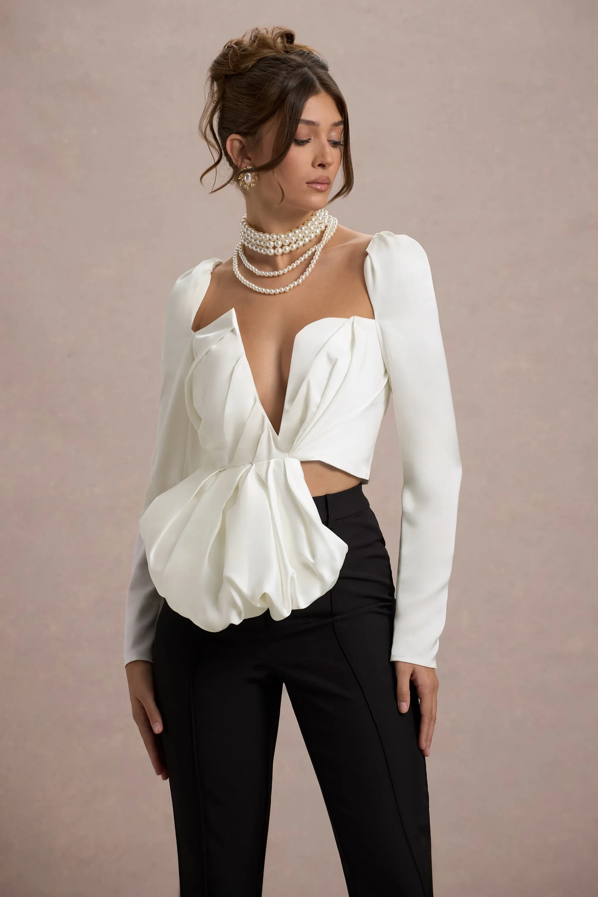 Bensley | Ecru Satin Asymmetric Plunge-Neck Top With Ruffle Club L London