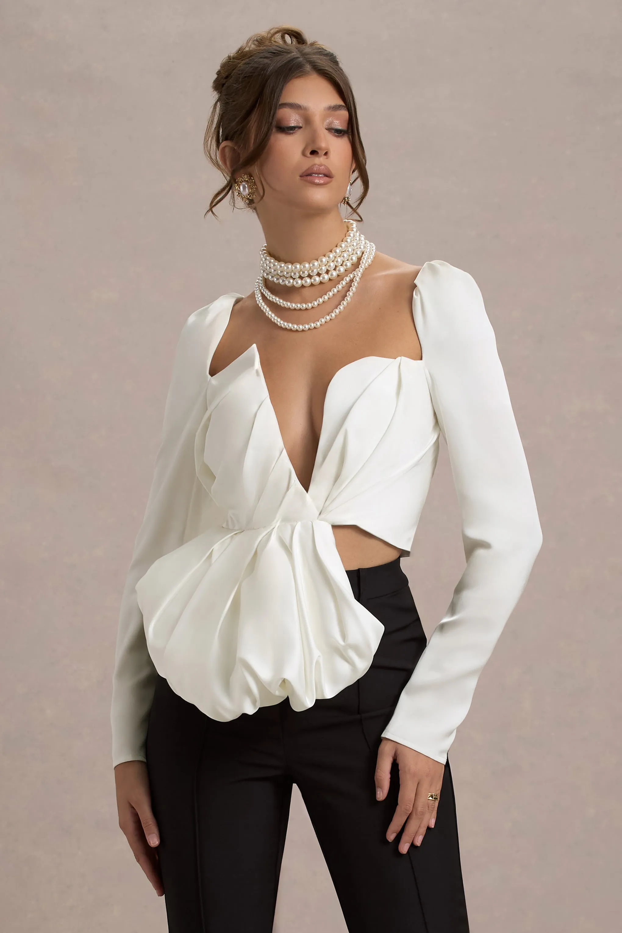 Bensley | Ecru Satin Asymmetric Plunge-Neck Top With Ruffle Club L London
