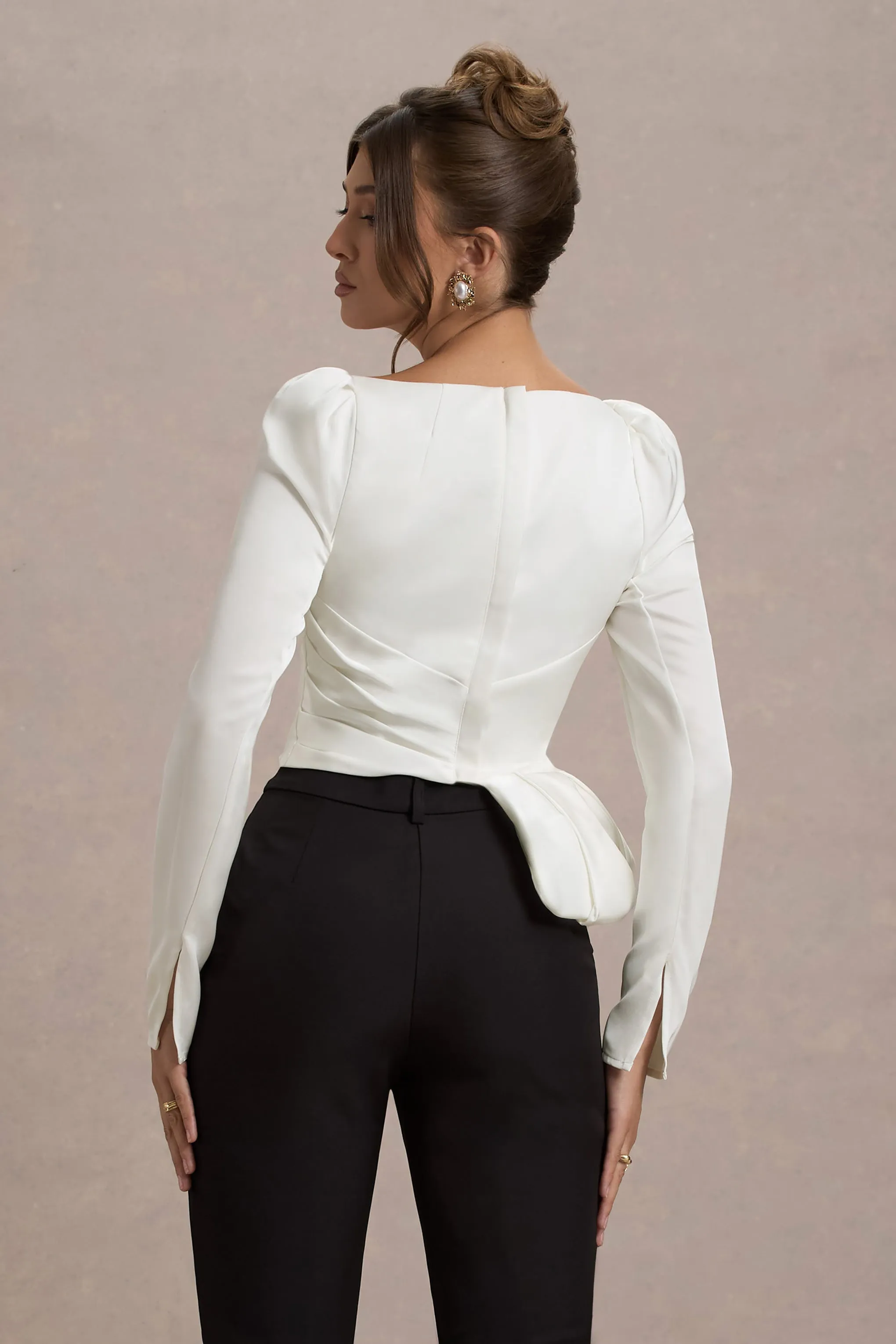 Bensley | Ecru Satin Asymmetric Plunge-Neck Top With Ruffle Club L London