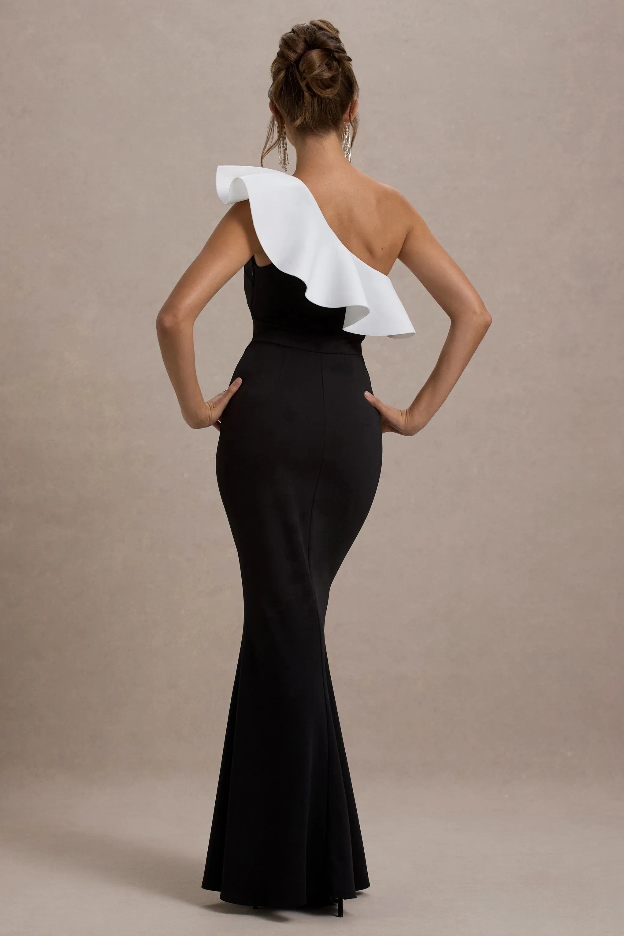 Berkley | Black & White Ruffled One-Shoulder Maxi Dress Club L London