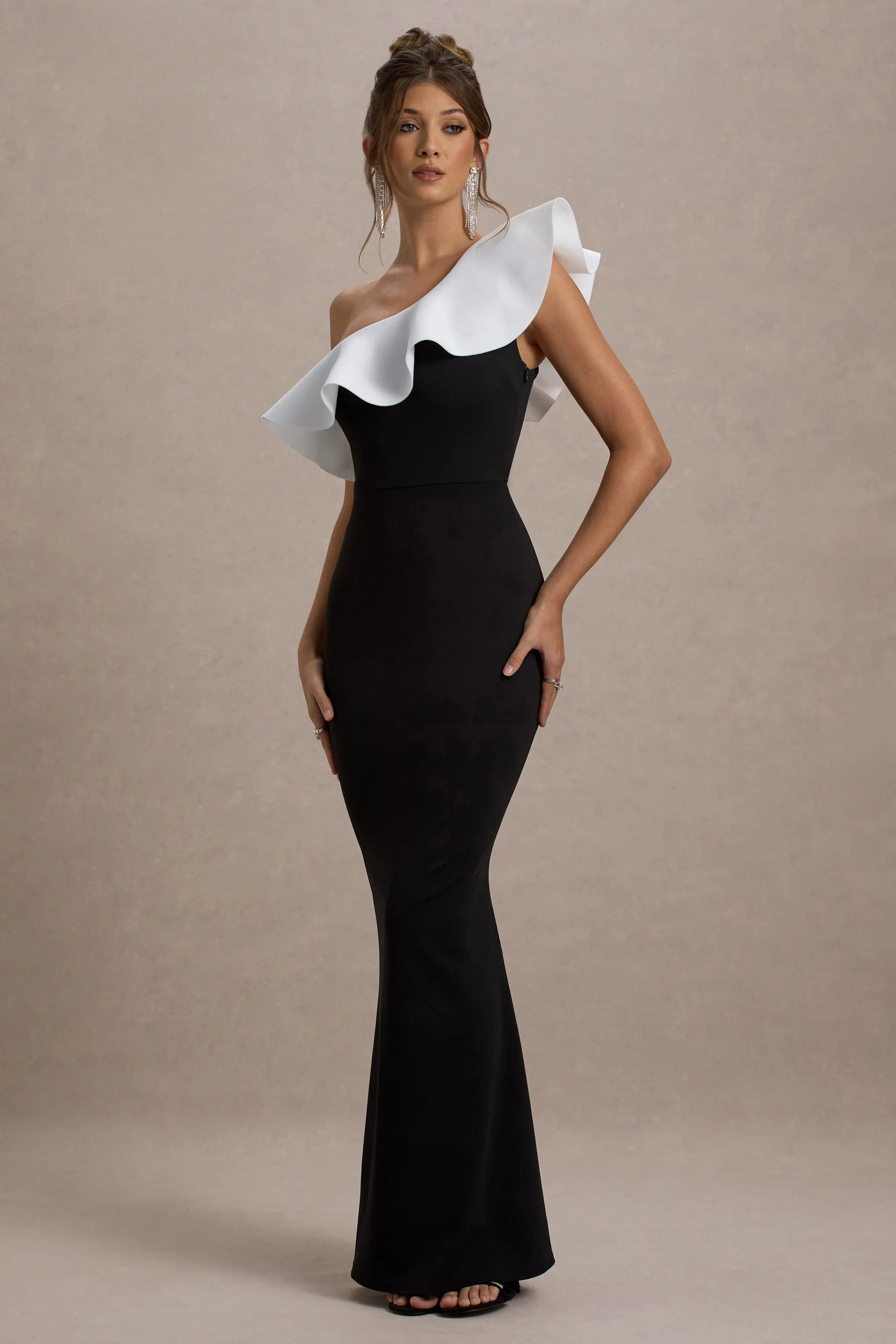 Berkley | Black & White Ruffled One-Shoulder Maxi Dress Club L London