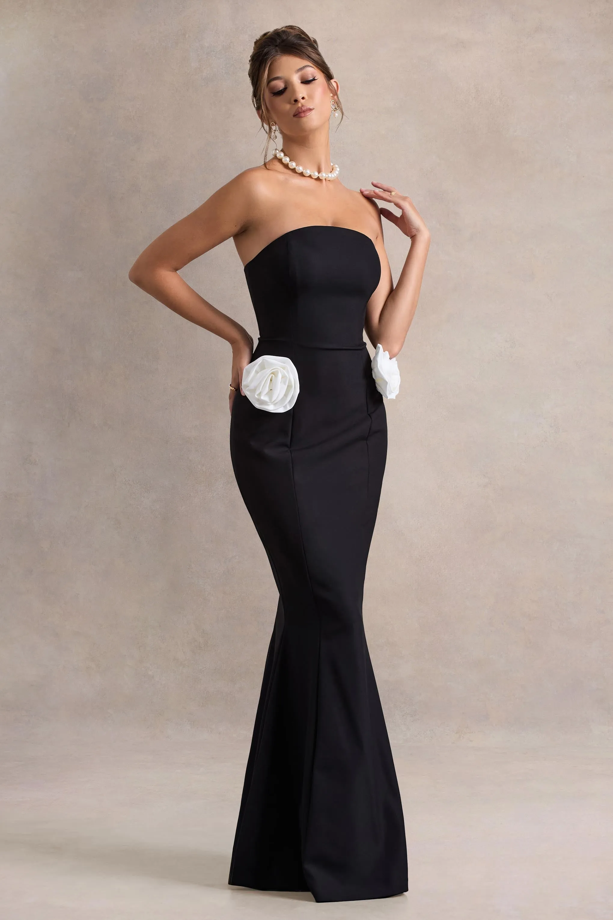 Best Of The Best | Black Strapless Fishtail Maxi Dress With Corsages Club L London