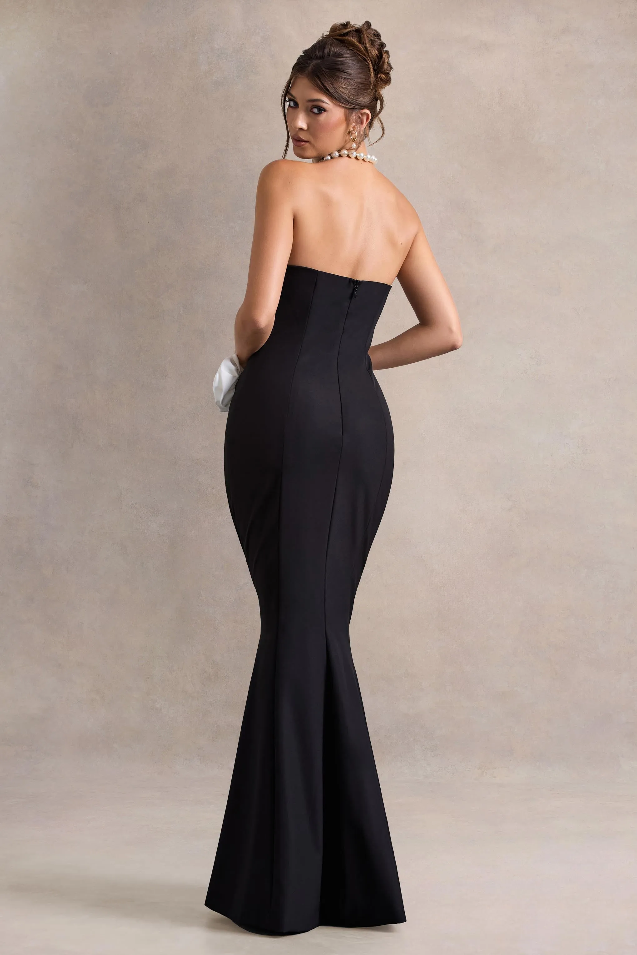 Best Of The Best | Black Strapless Fishtail Maxi Dress With Corsages Club L London