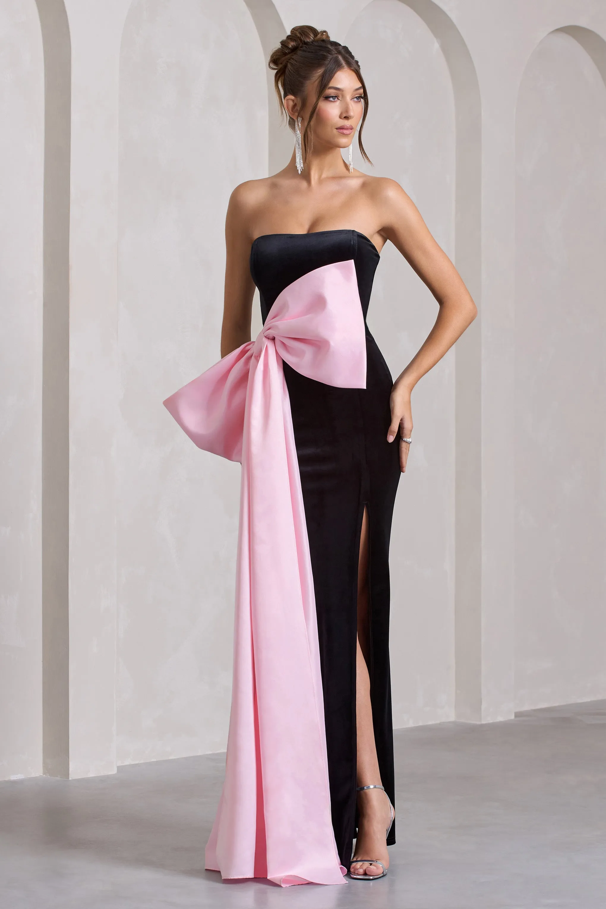 Best Wishes | Black Velvet Bandeau Split Maxi Dress With Oversized Pink Bow Club L London