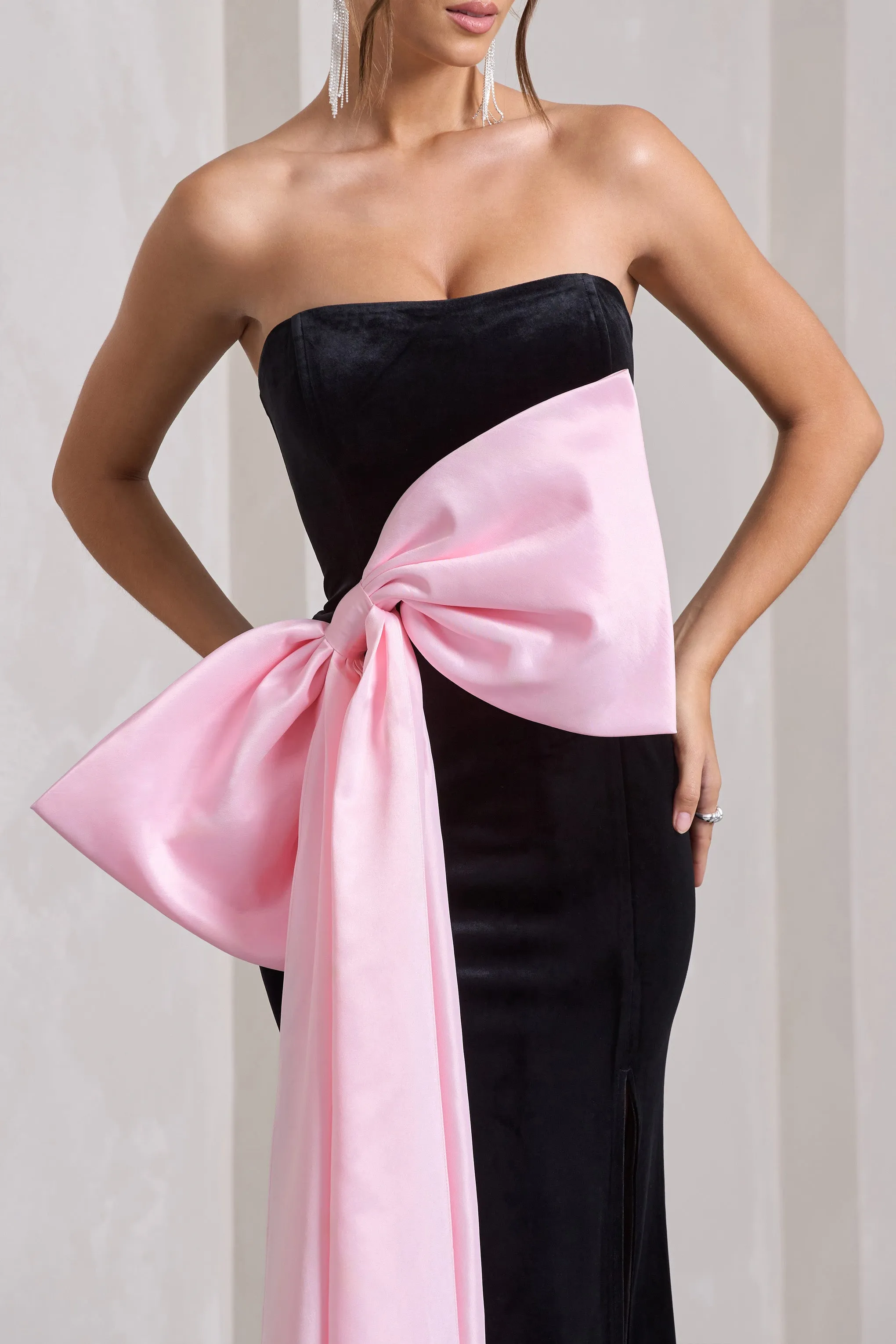 Best Wishes | Black Velvet Bandeau Split Maxi Dress With Oversized Pink Bow Club L London