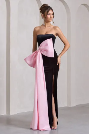Best Wishes | Black Velvet Bandeau Split Maxi Dress With Oversized Pink Bow Club L London