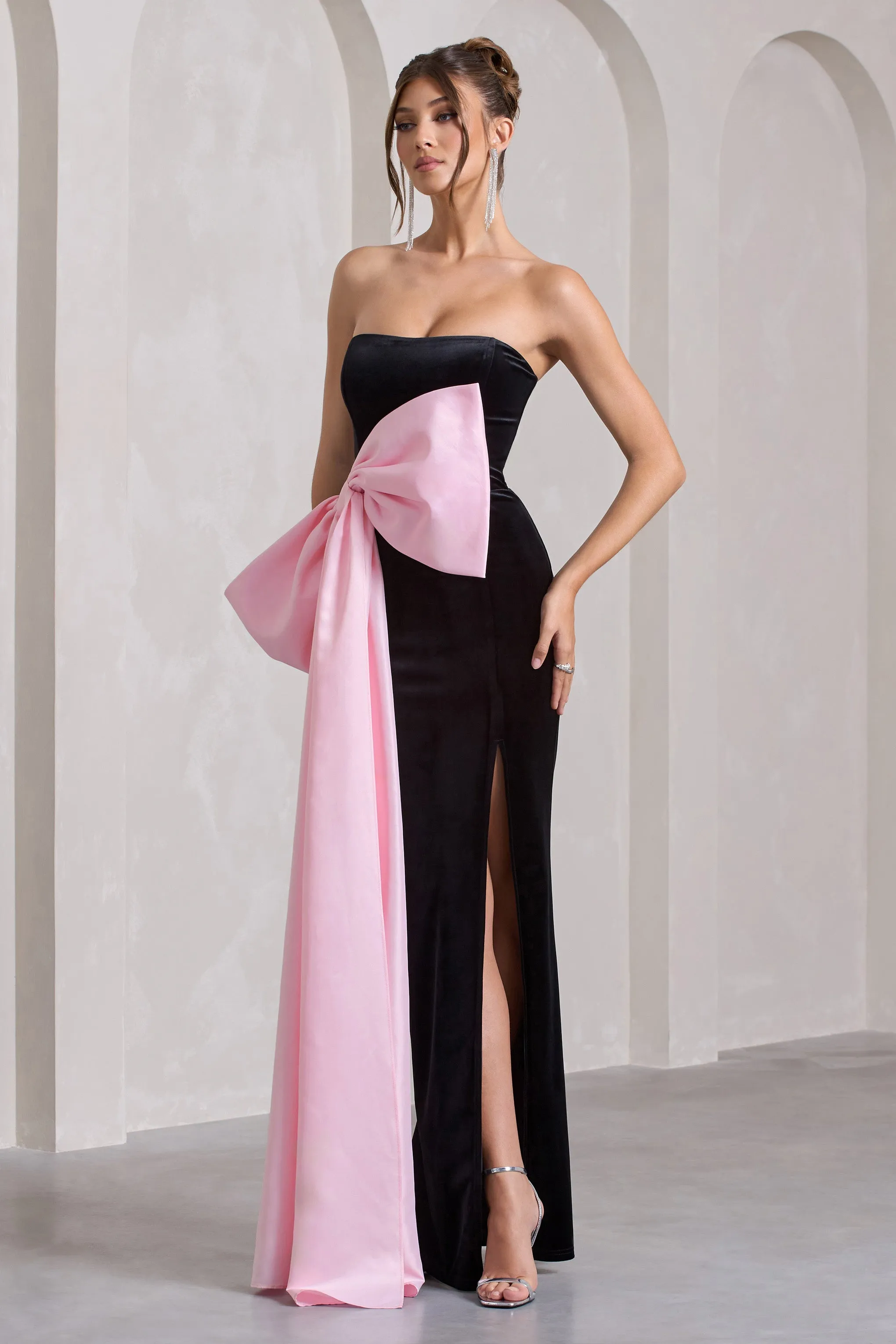 Best Wishes | Black Velvet Bandeau Split Maxi Dress With Oversized Pink Bow Club L London
