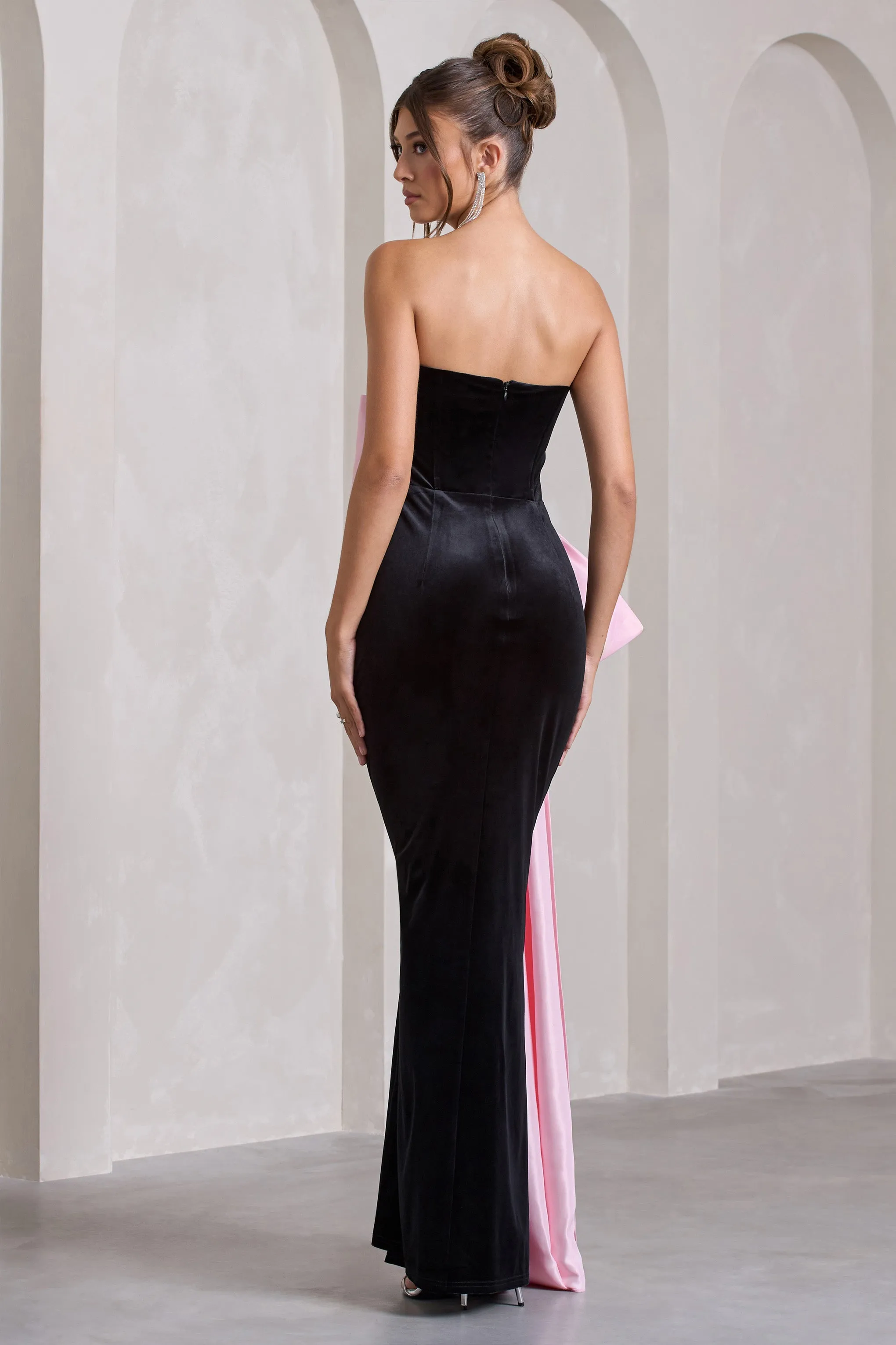 Best Wishes | Black Velvet Bandeau Split Maxi Dress With Oversized Pink Bow Club L London