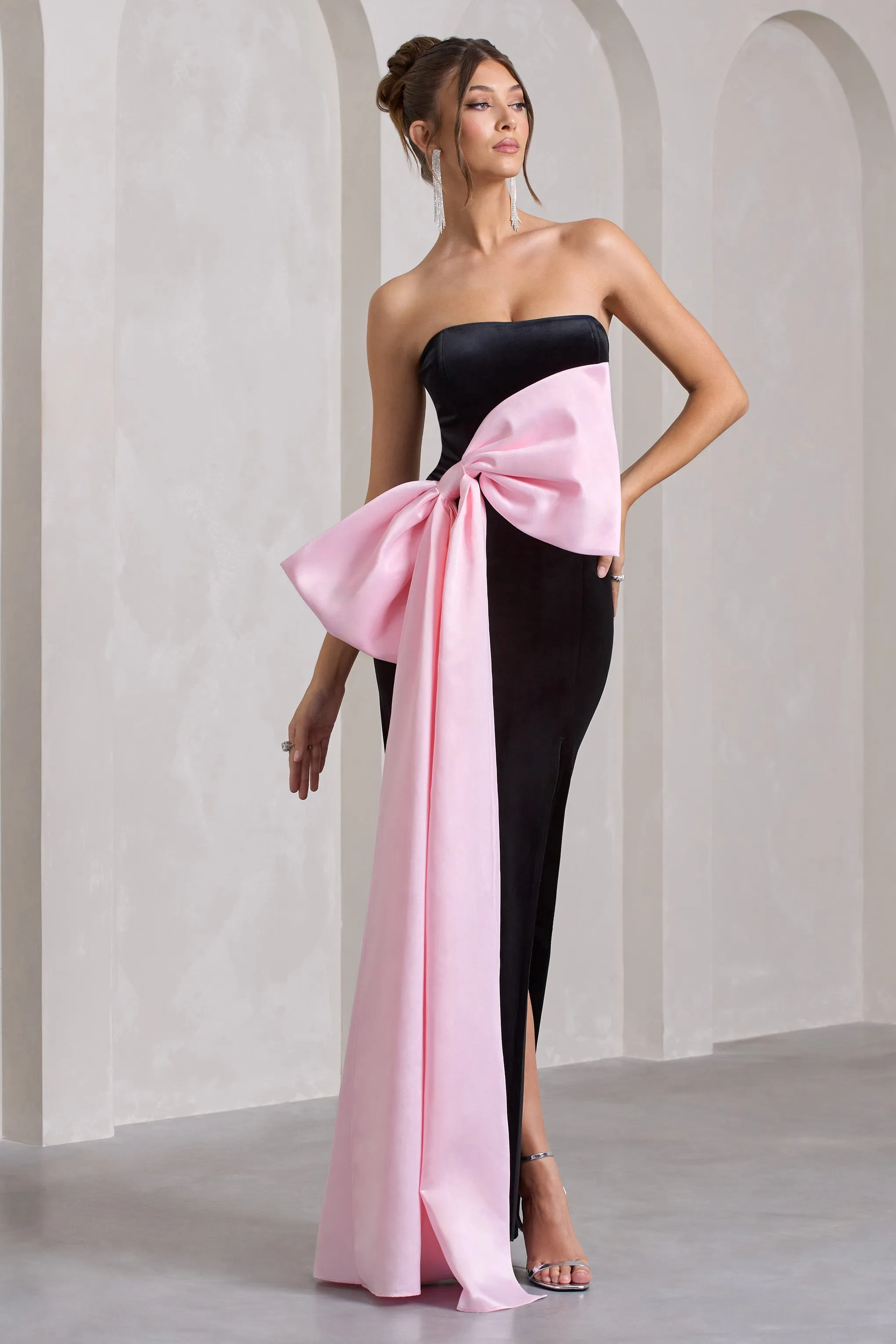 Best Wishes | Black Velvet Bandeau Split Maxi Dress With Oversized Pink Bow Club L London