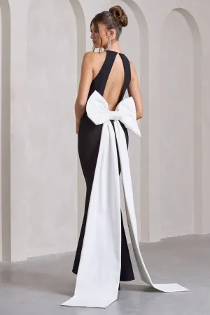 Bestow | Black Open-Back Maxi Dress With Oversized White Bow Club L London