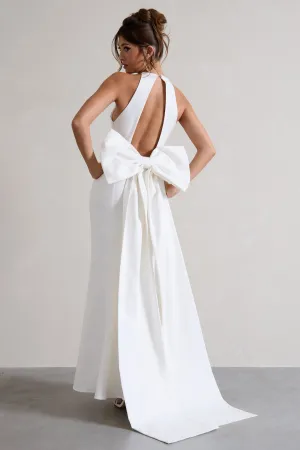 Bestow | White Open-Back Maxi Dress With Oversized White Bow Club L London