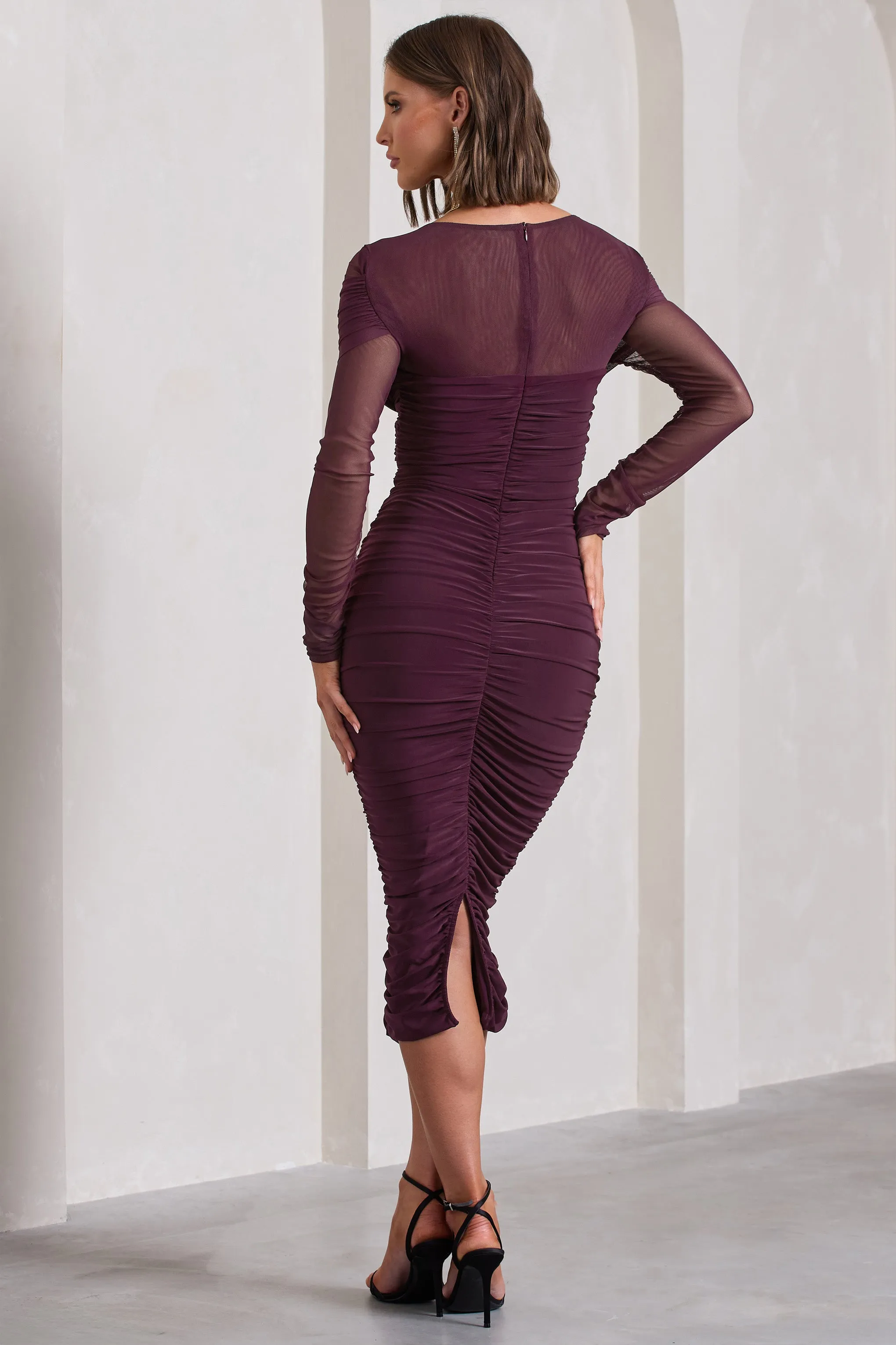 Between The Lines | Plum Ruched Mesh Long-Sleeved Bodycon Midi Dress Club L London