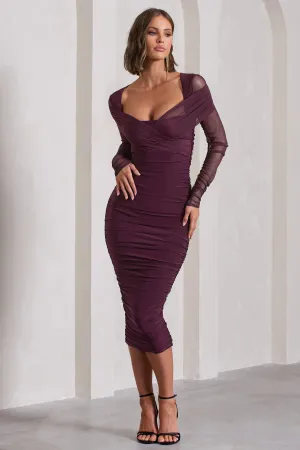Between The Lines | Plum Ruched Mesh Long-Sleeved Bodycon Midi Dress Club L London