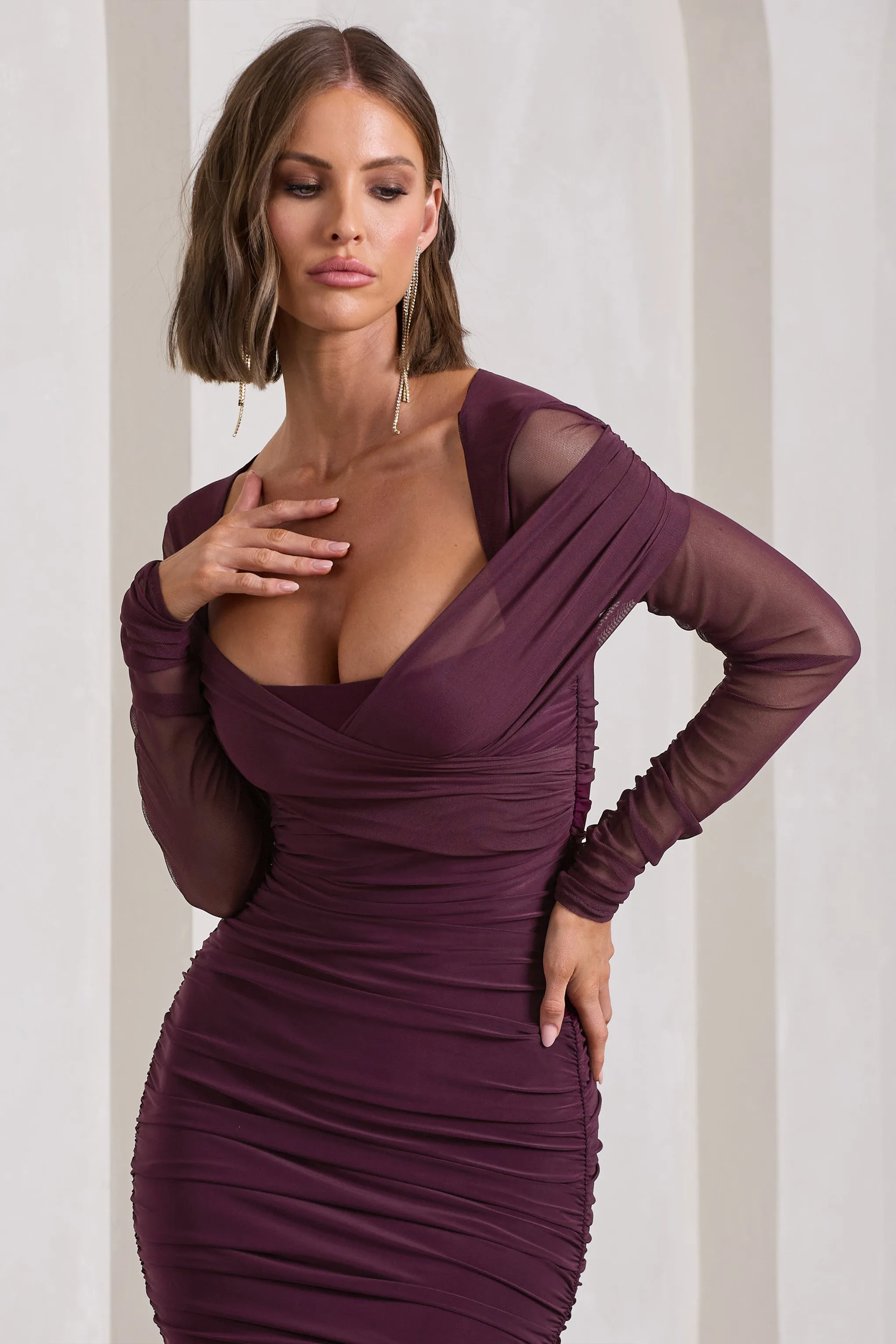 Between The Lines | Plum Ruched Mesh Long-Sleeved Bodycon Midi Dress Club L London