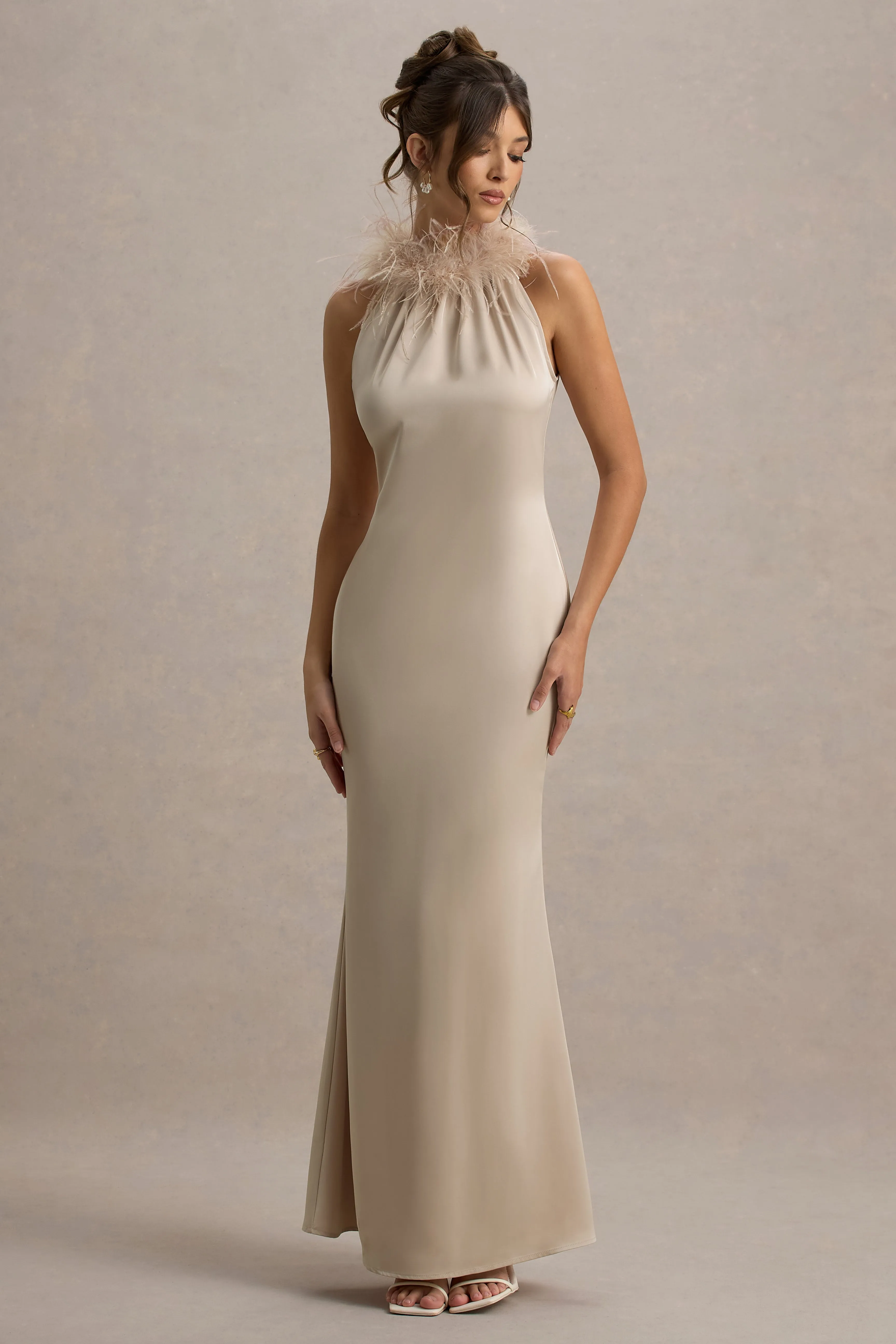 Bianca | Champagne Satin Feather-Trim Maxi Dress Club L London