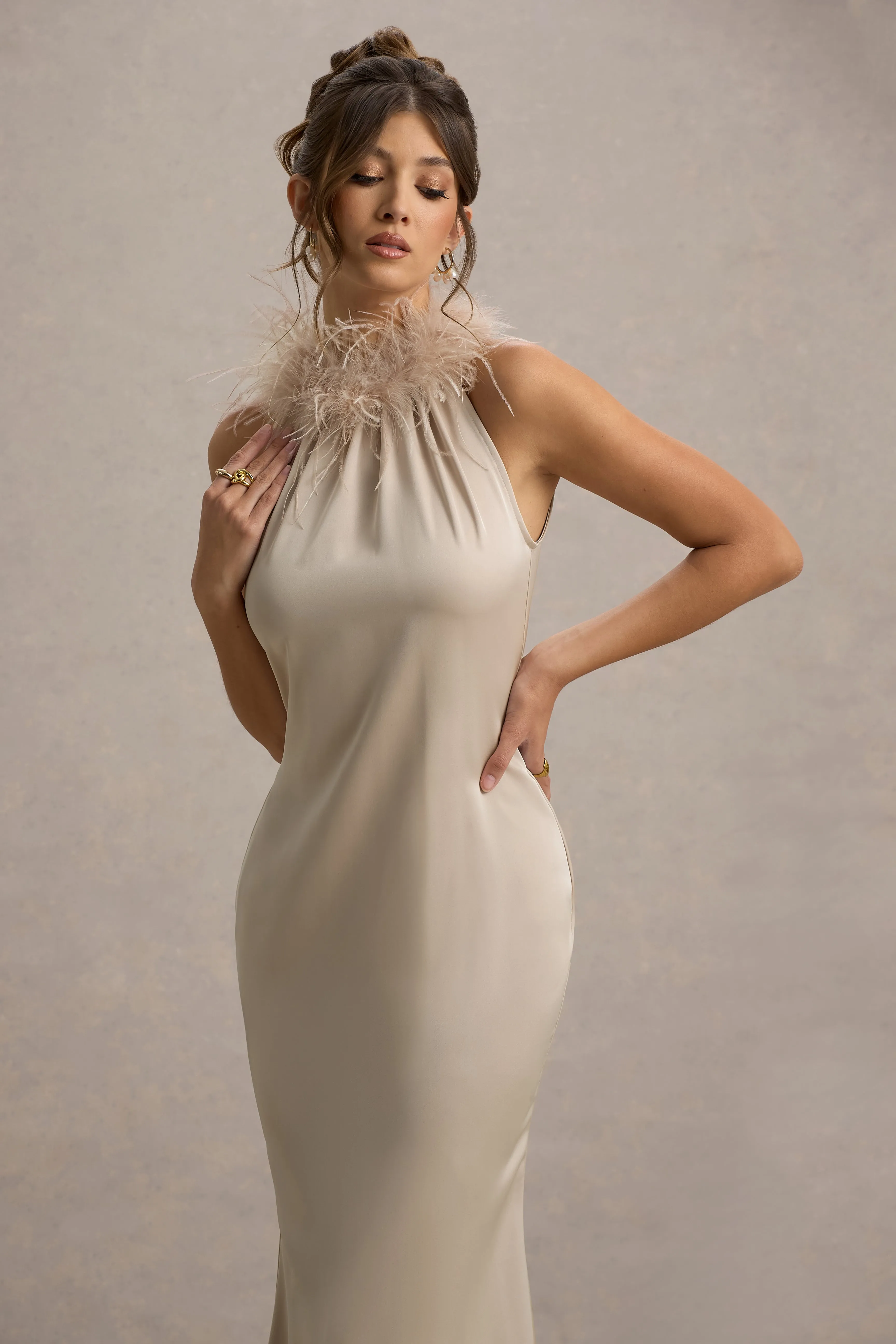 Bianca | Champagne Satin Feather-Trim Maxi Dress Club L London