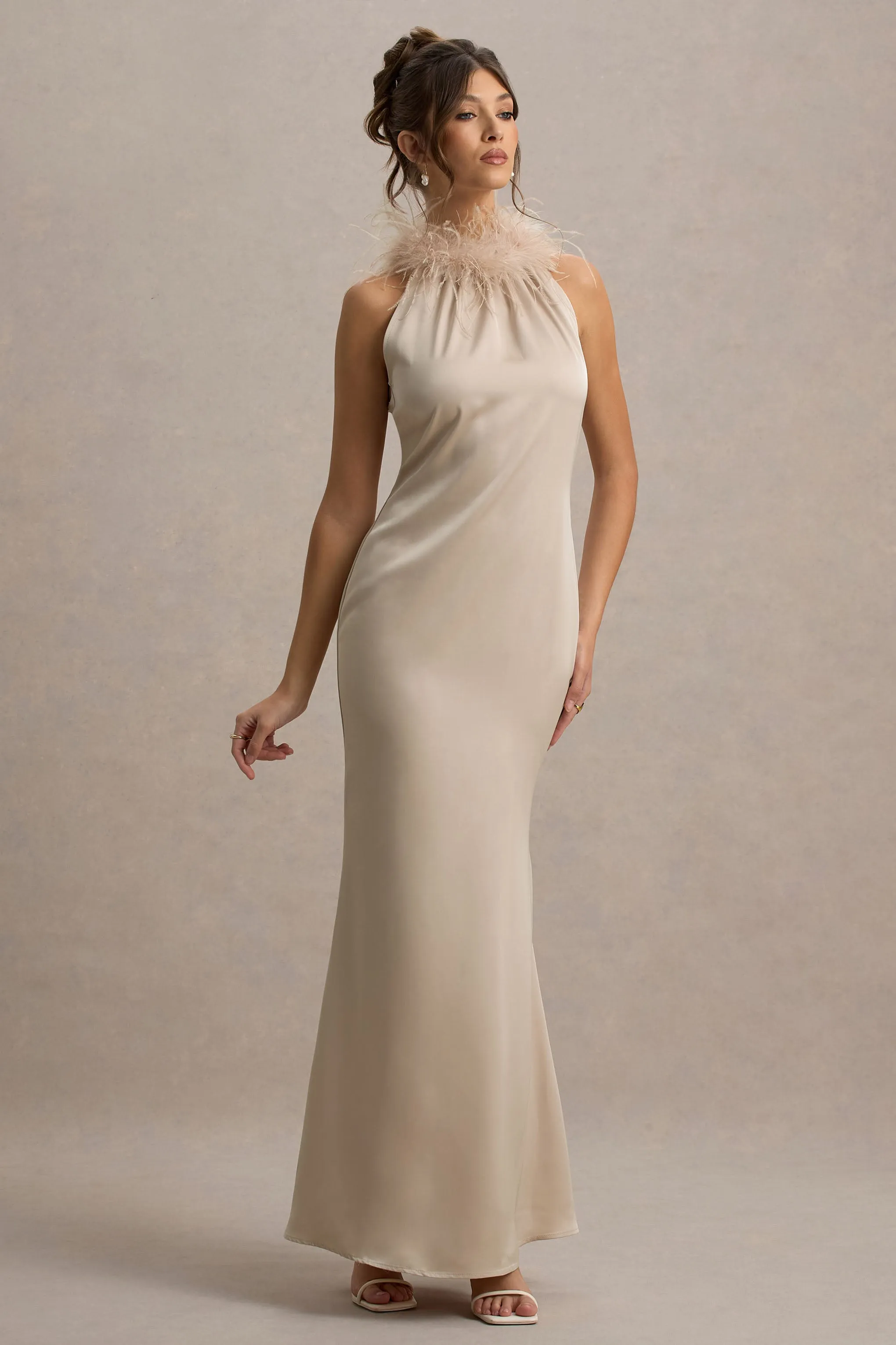 Bianca | Champagne Satin Feather-Trim Maxi Dress Club L London