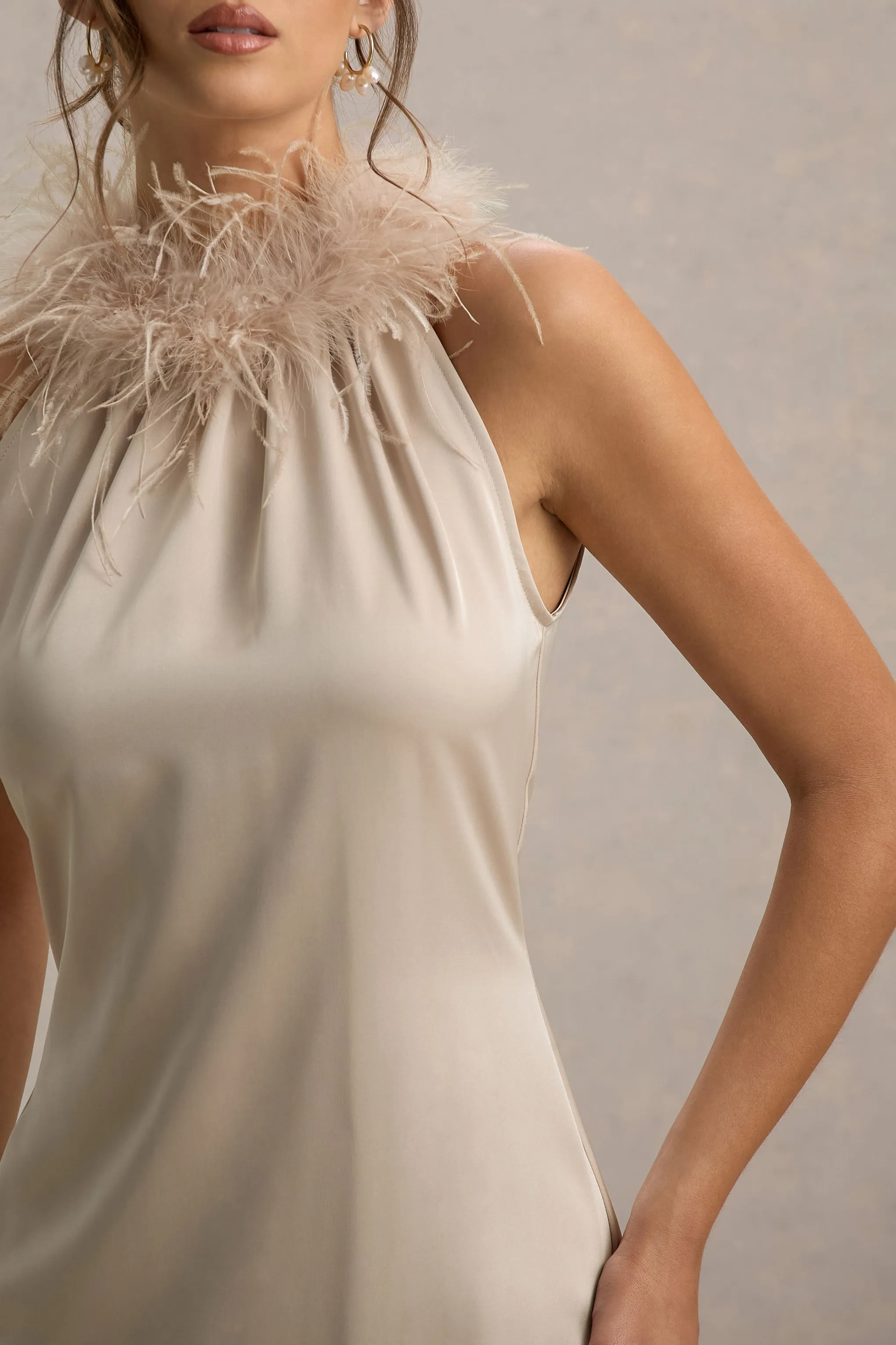 Bianca | Champagne Satin Feather-Trim Maxi Dress Club L London