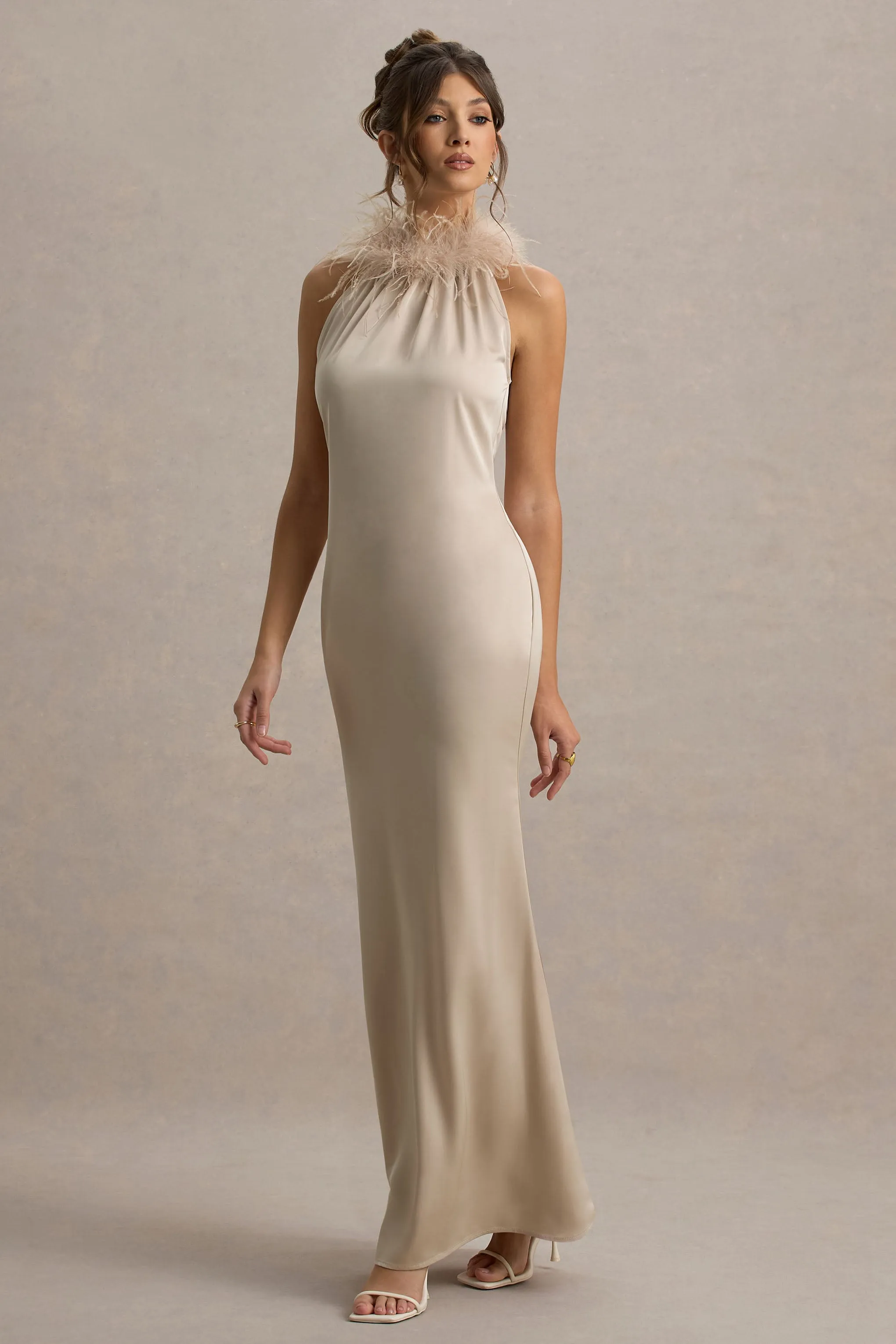 Bianca | Champagne Satin Feather-Trim Maxi Dress Club L London