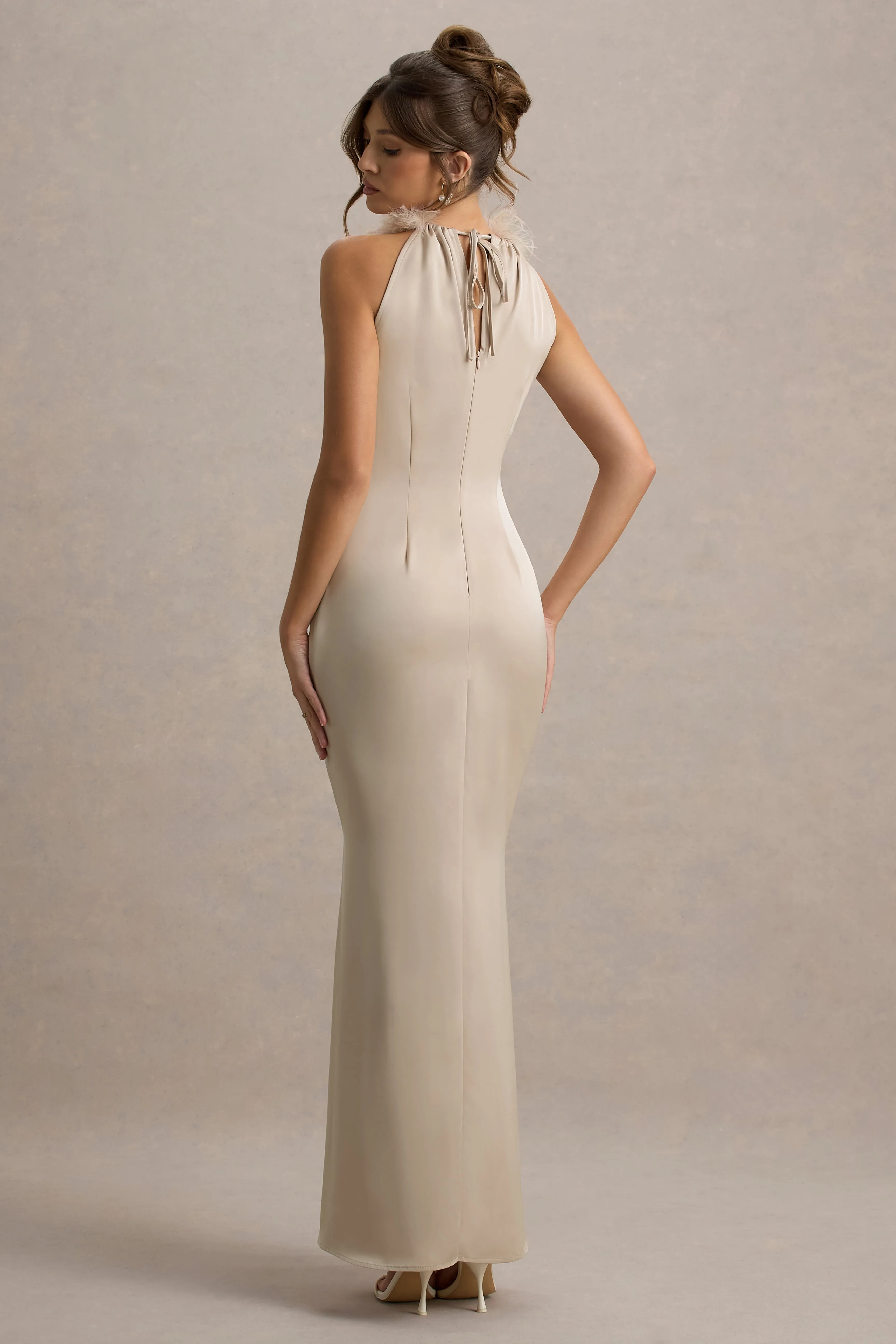 Bianca | Champagne Satin Feather-Trim Maxi Dress Club L London