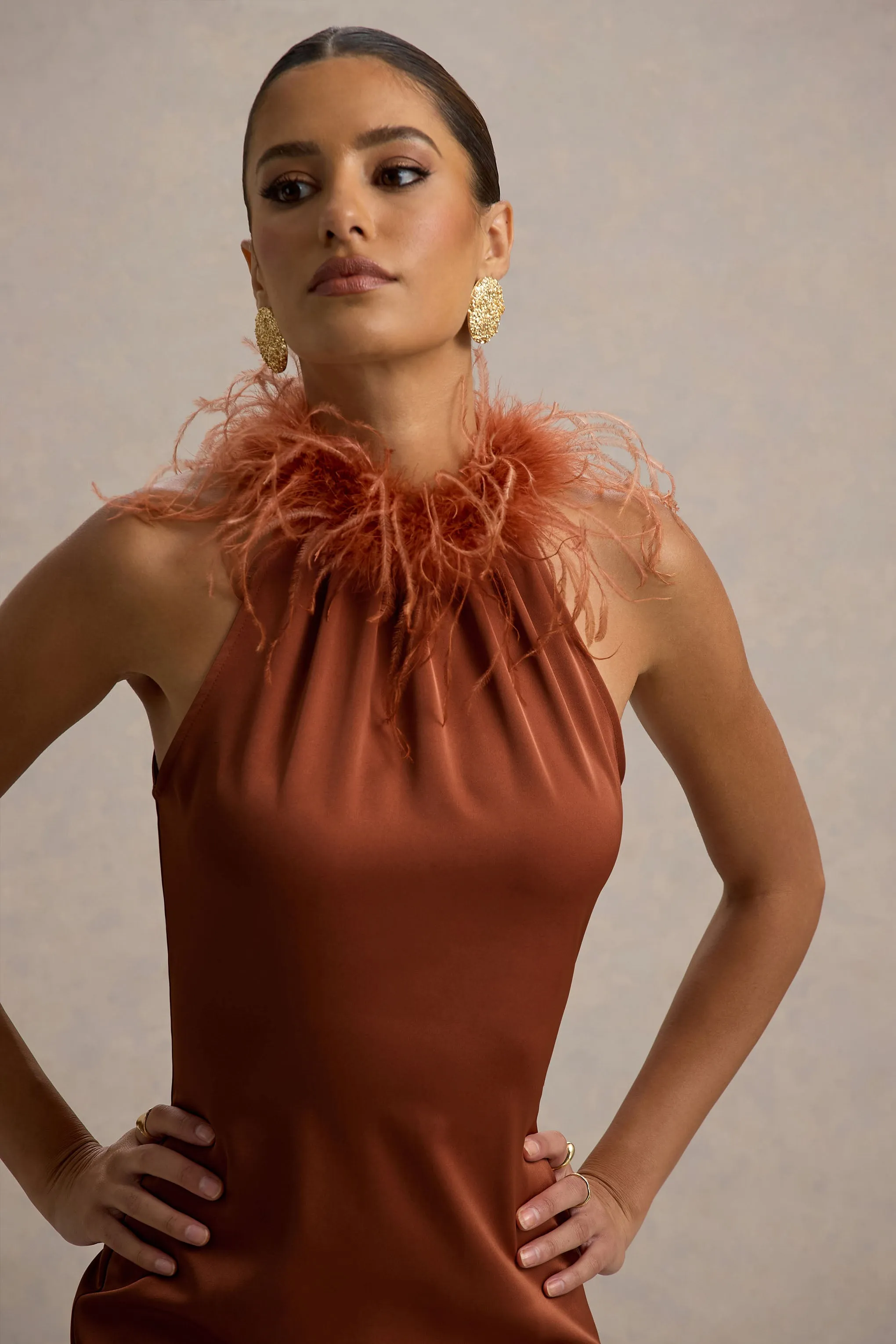 Bianca | Rust Satin Feather-Trim Maxi Dress Club L London