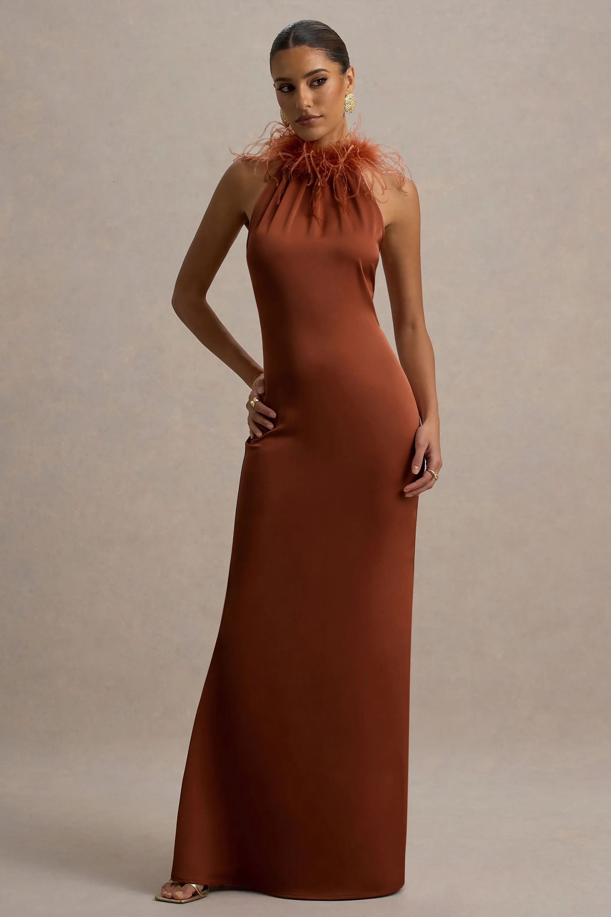 Bianca | Rust Satin Feather-Trim Maxi Dress Club L London