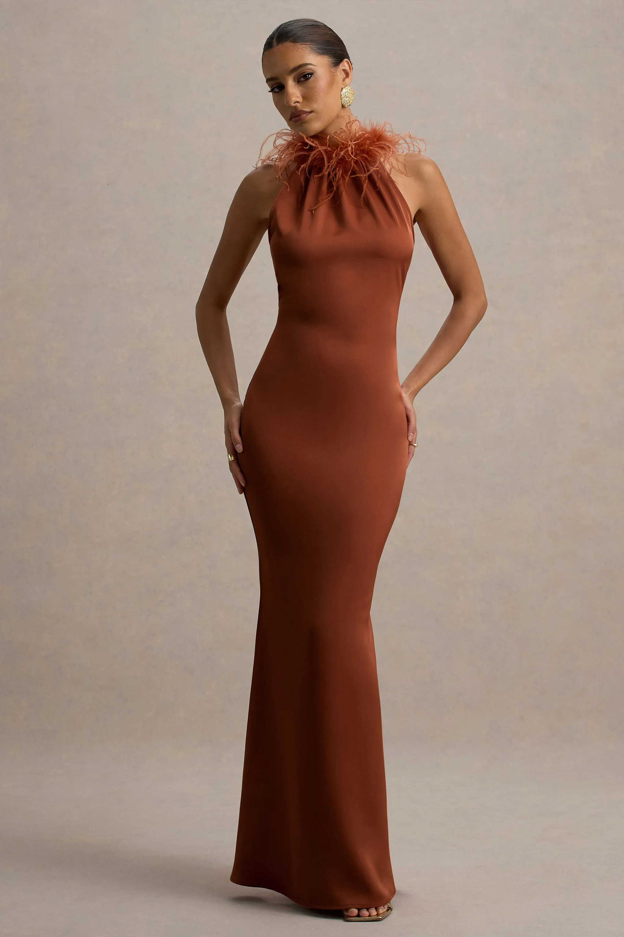 Bianca | Rust Satin Feather-Trim Maxi Dress Club L London