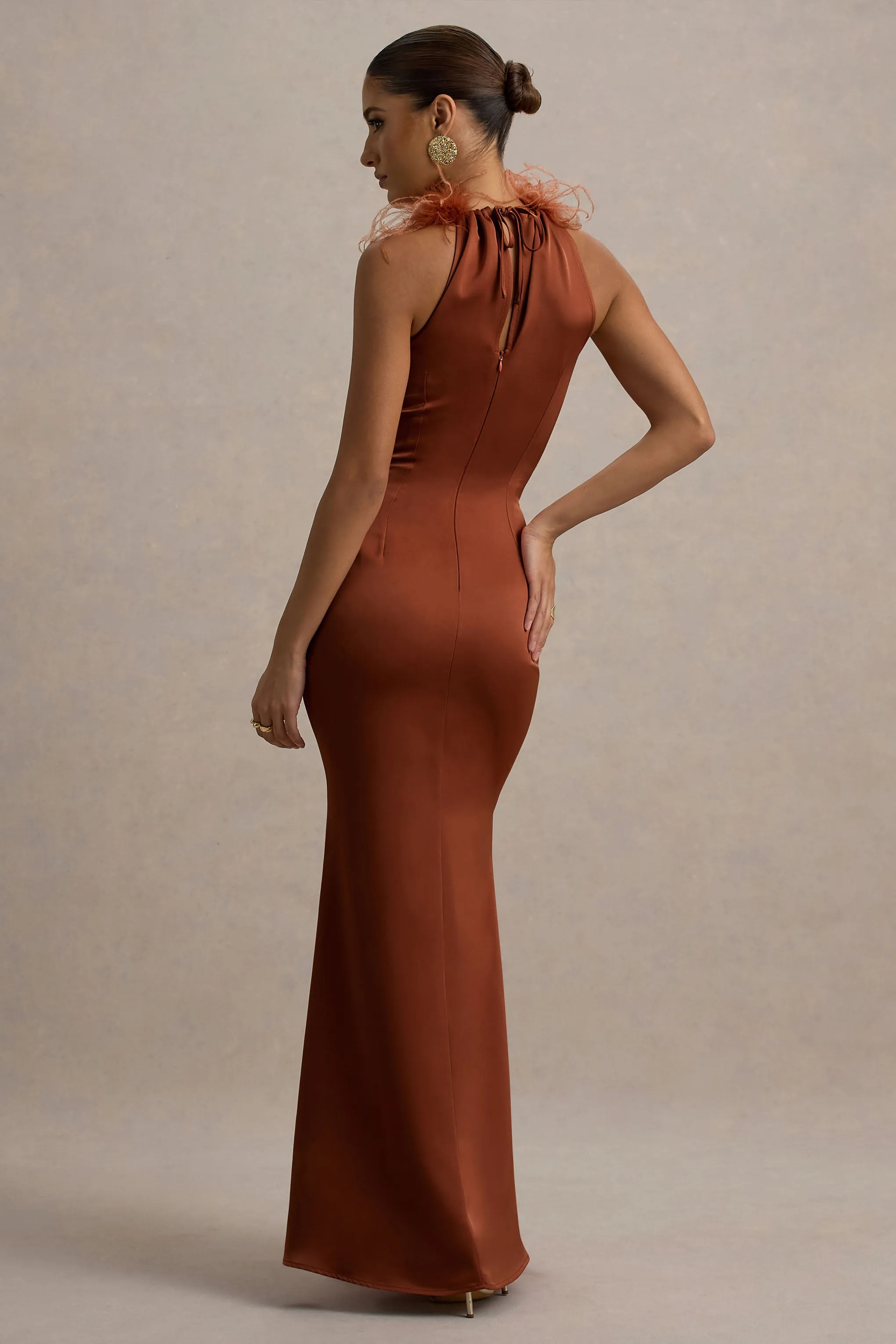 Bianca | Rust Satin Feather-Trim Maxi Dress Club L London