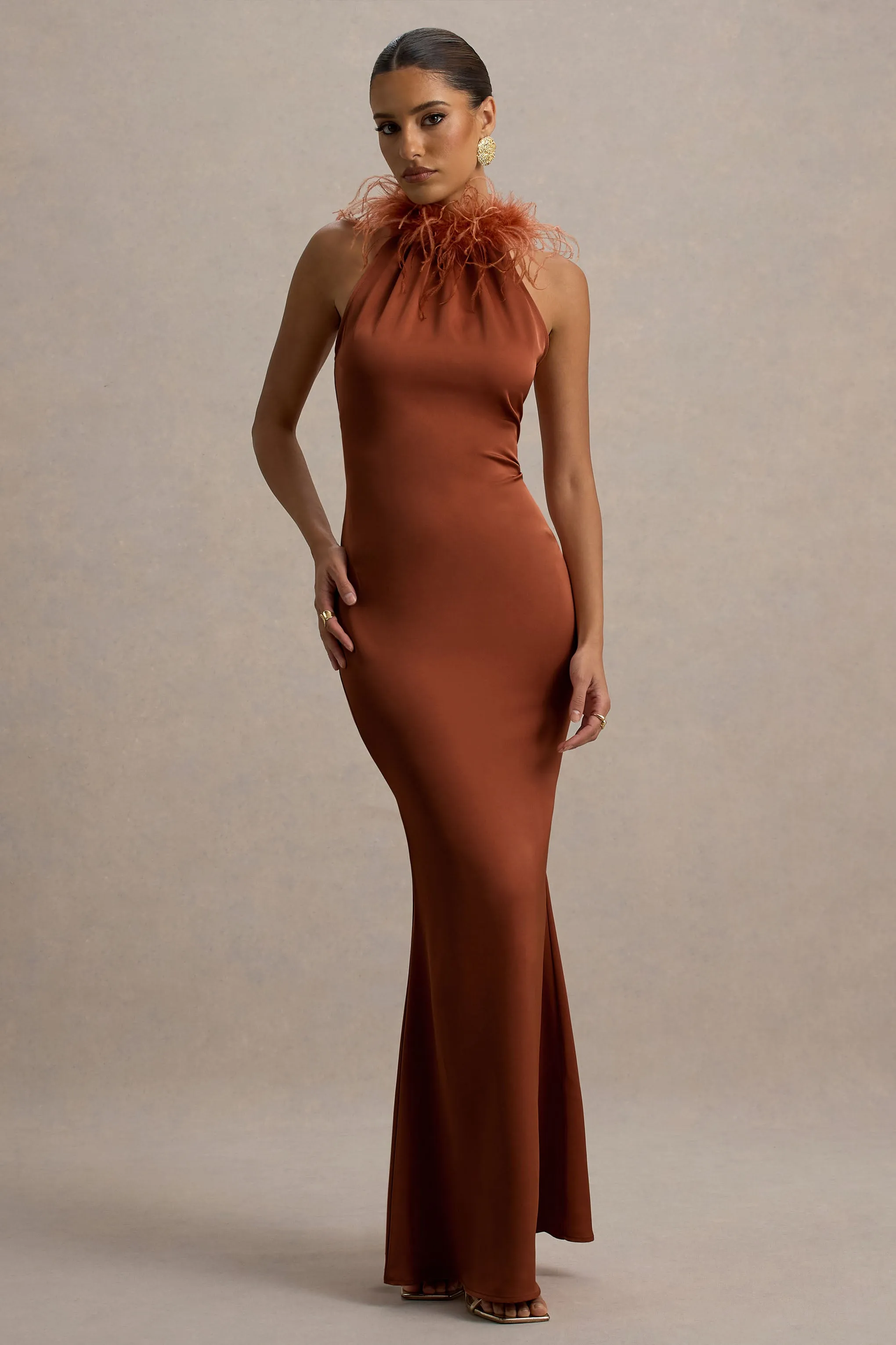Bianca | Rust Satin Feather-Trim Maxi Dress Club L London