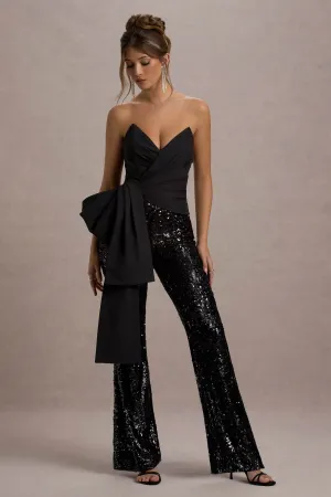Bianco | Black Sequin Strapless Flared-Leg Jumpsuit With Drape Club L London