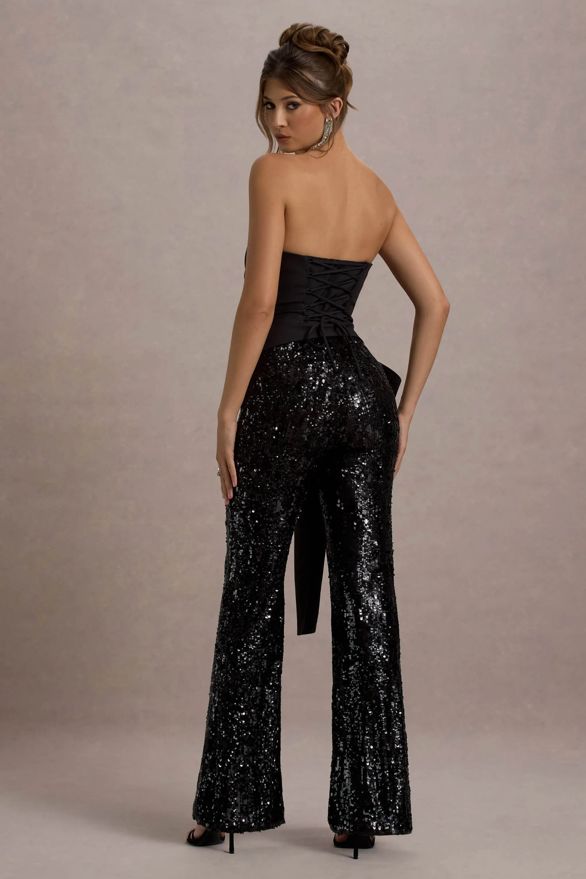 Bianco | Black Sequin Strapless Flared-Leg Jumpsuit With Drape Club L London