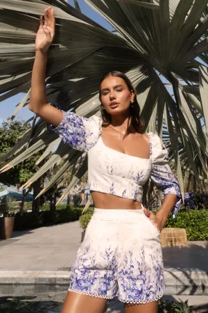 Bibi | Wisteria Print Linen Puff-Sleeve Top Club L London