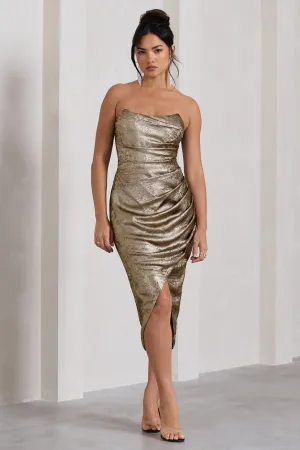 Blizzard | Gold Metallic Corset Wrap Midi Dress Club L London