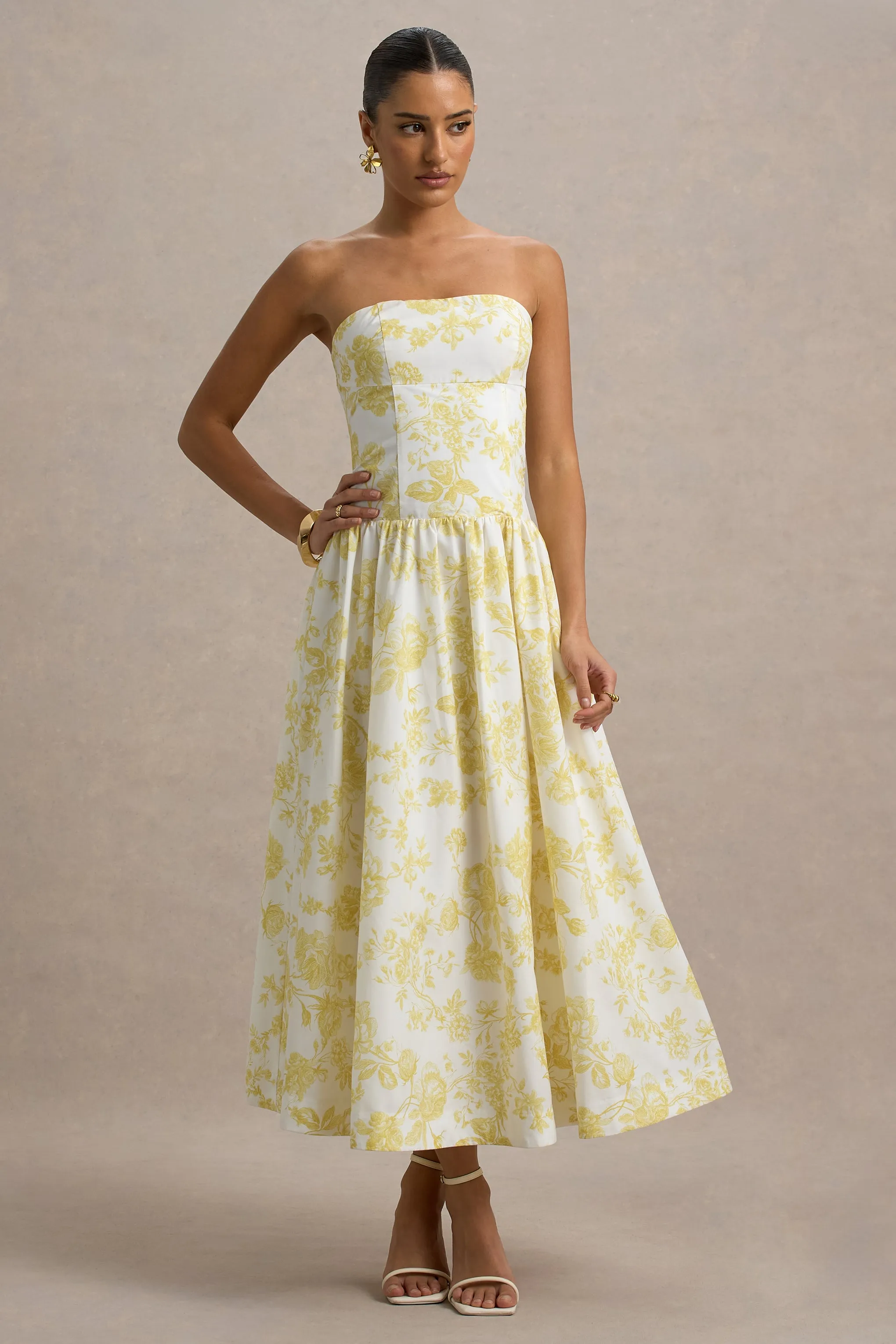 Bluebell | Lemon Print Poplin Bandeau Drop-Waist Midi Dress Club L London